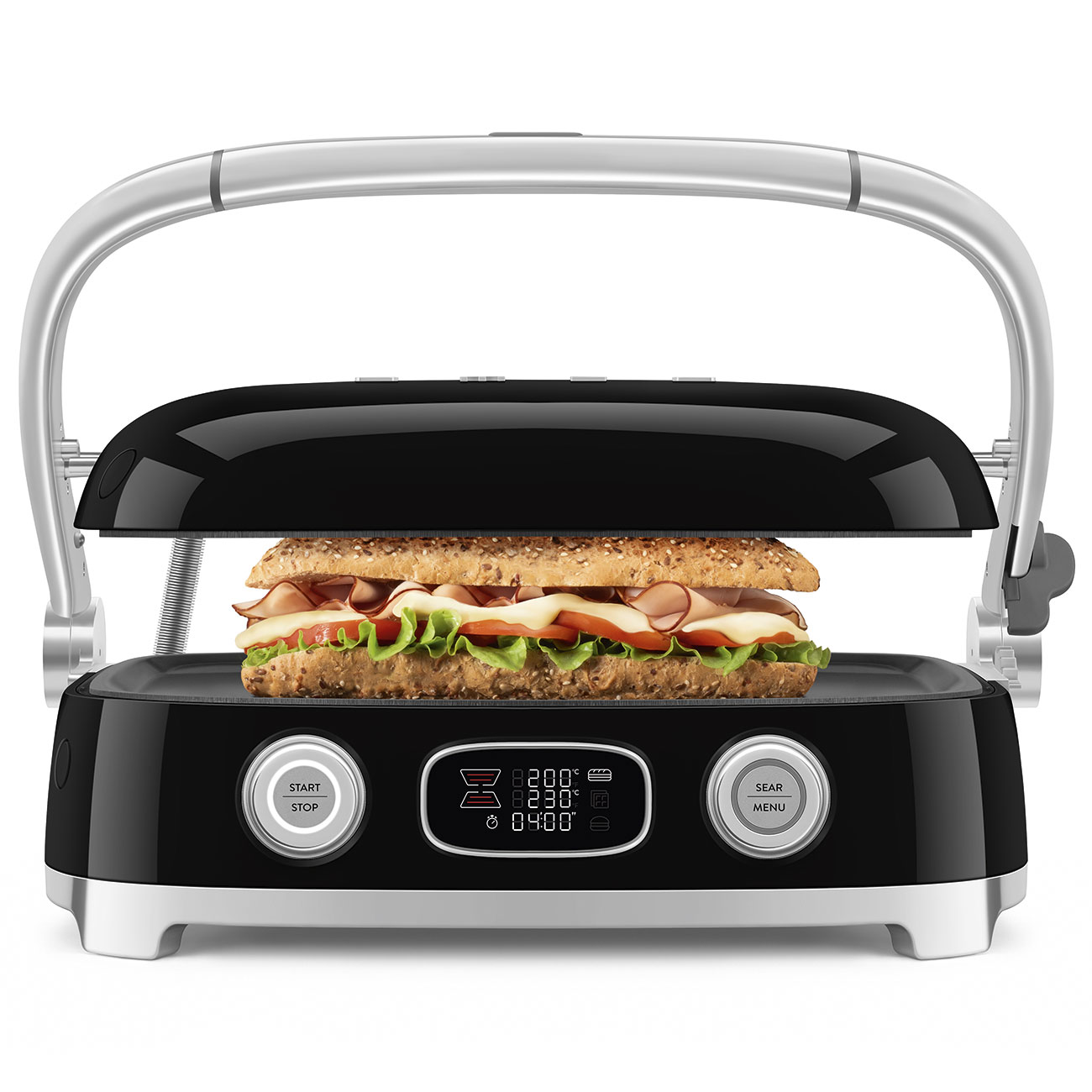 Ein schwarzer Panini-Grill mit silbernem Griff gart ein gefülltes Sandwich mit Fleisch und Salat.