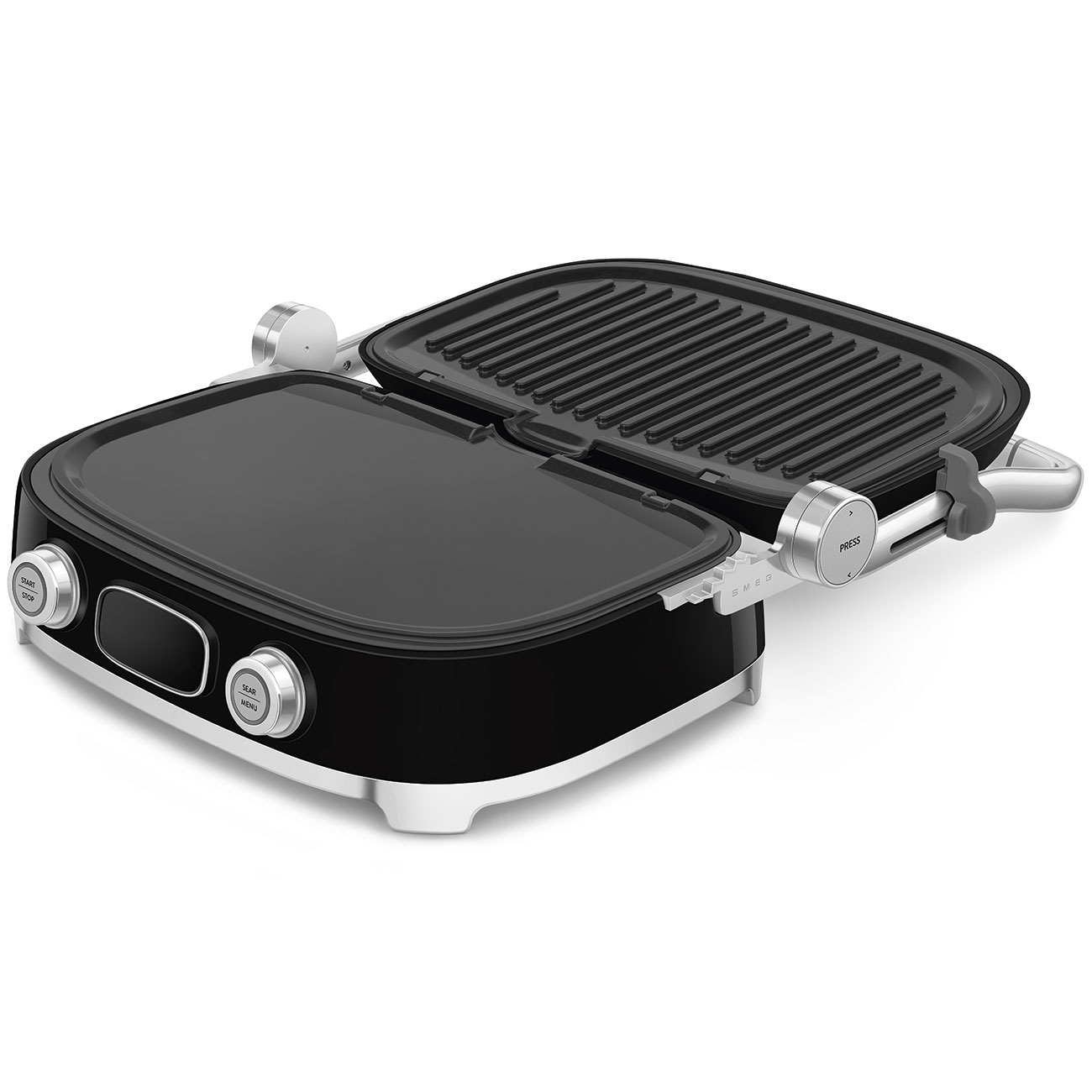 Ein offener schwarzer und silberner elektrischer Kontaktgrill mit flachen und gerippten Platten.