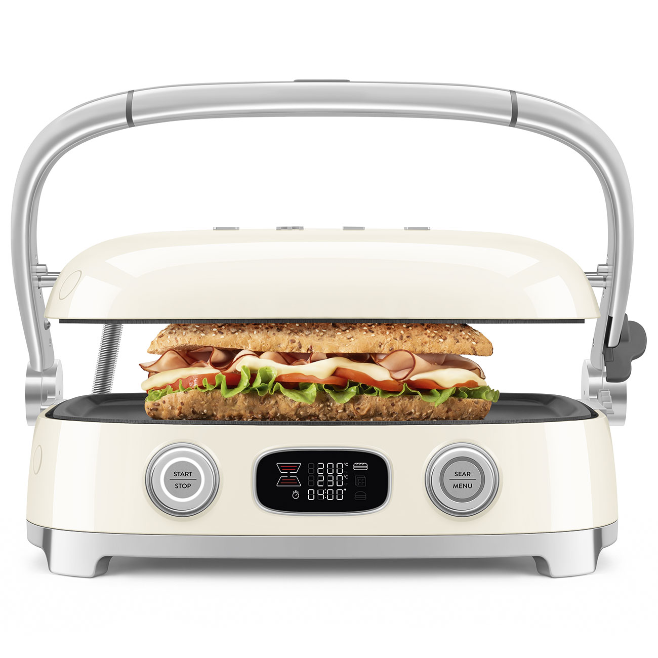 Ein weißer Sandwichgrill mit digitalem Display und Start- und Menütasten heizt ein belegtes Sandwich auf.