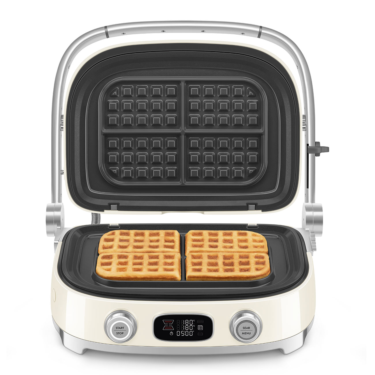Ein offener, cremefarbener Waffeleisen mit vier gebackenen Waffeln auf der unteren Platte und einem digitalen Display.