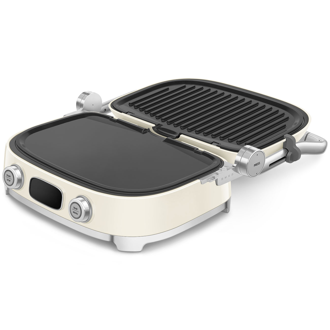 Ein offener, cremefarbener Elektrogrill mit schwarzer gerippter und glatter Platte, silbernen Reglern und Display.