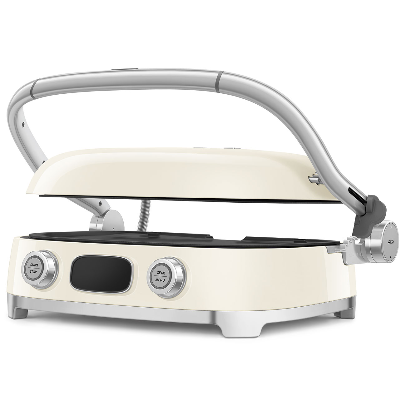 Cremefarbener Multigrill mit silberner Haube, runden Knöpfen und Display auf weißem Hintergrund.