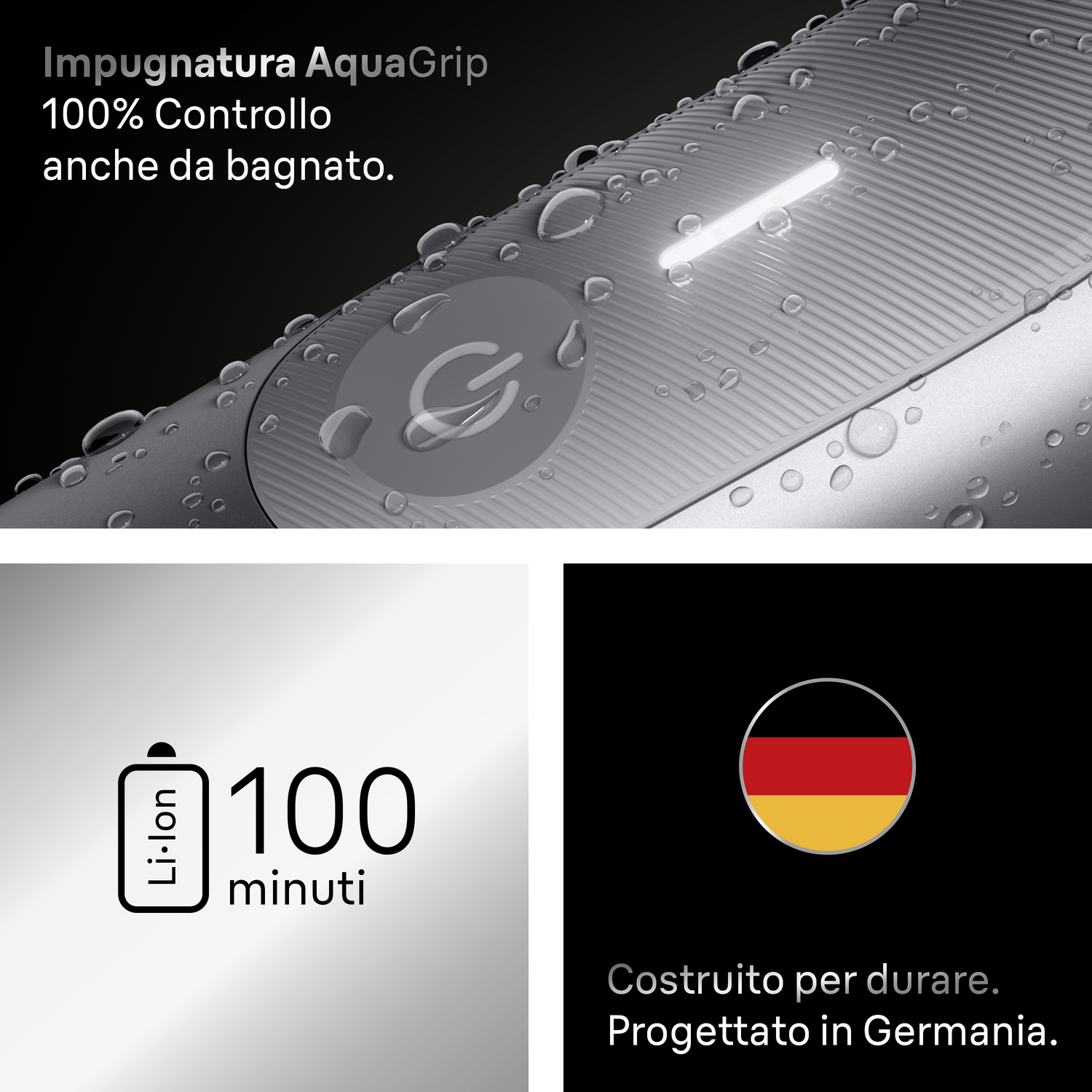 Impugnatura impermeabile con batteria Li-Ion per 100 minuti, progettata in Germania.