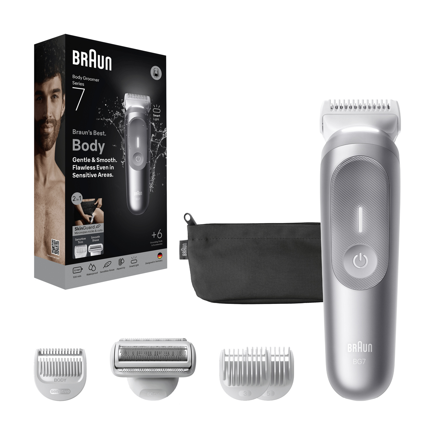 Braun Body Groomer 7 con confezione, accessori, pettini e custodia nera.