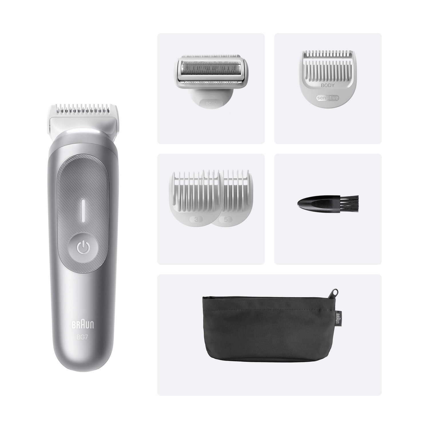 Rifinitore corpo Braun BG7 grigio con accessori, spazzolina e custodia su sfondo bianco.