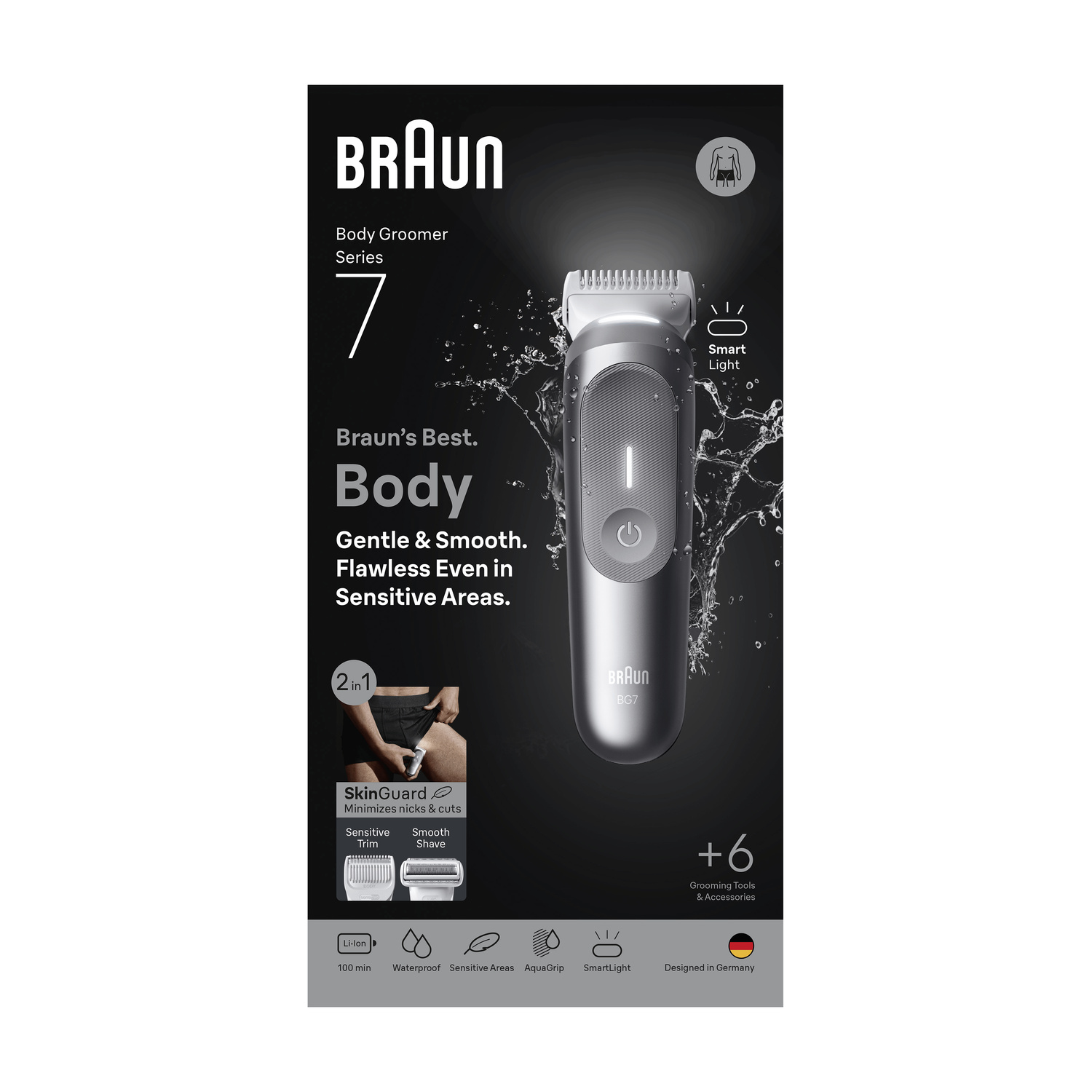 Confezione del prodotto Braun Body Groomer Series 7 con il rifinitore argento al centro su sfondo scuro.