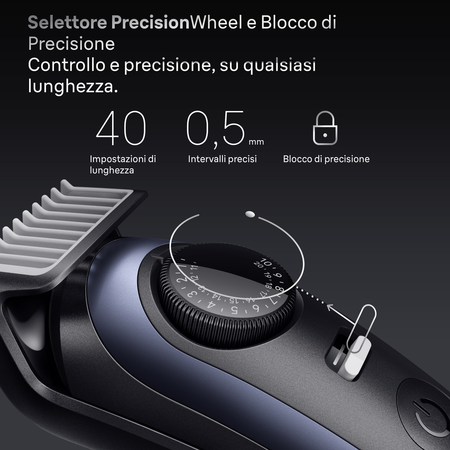 Regolabarba con ghiera di precisione per 40 lunghezze e blocco di sicurezza.