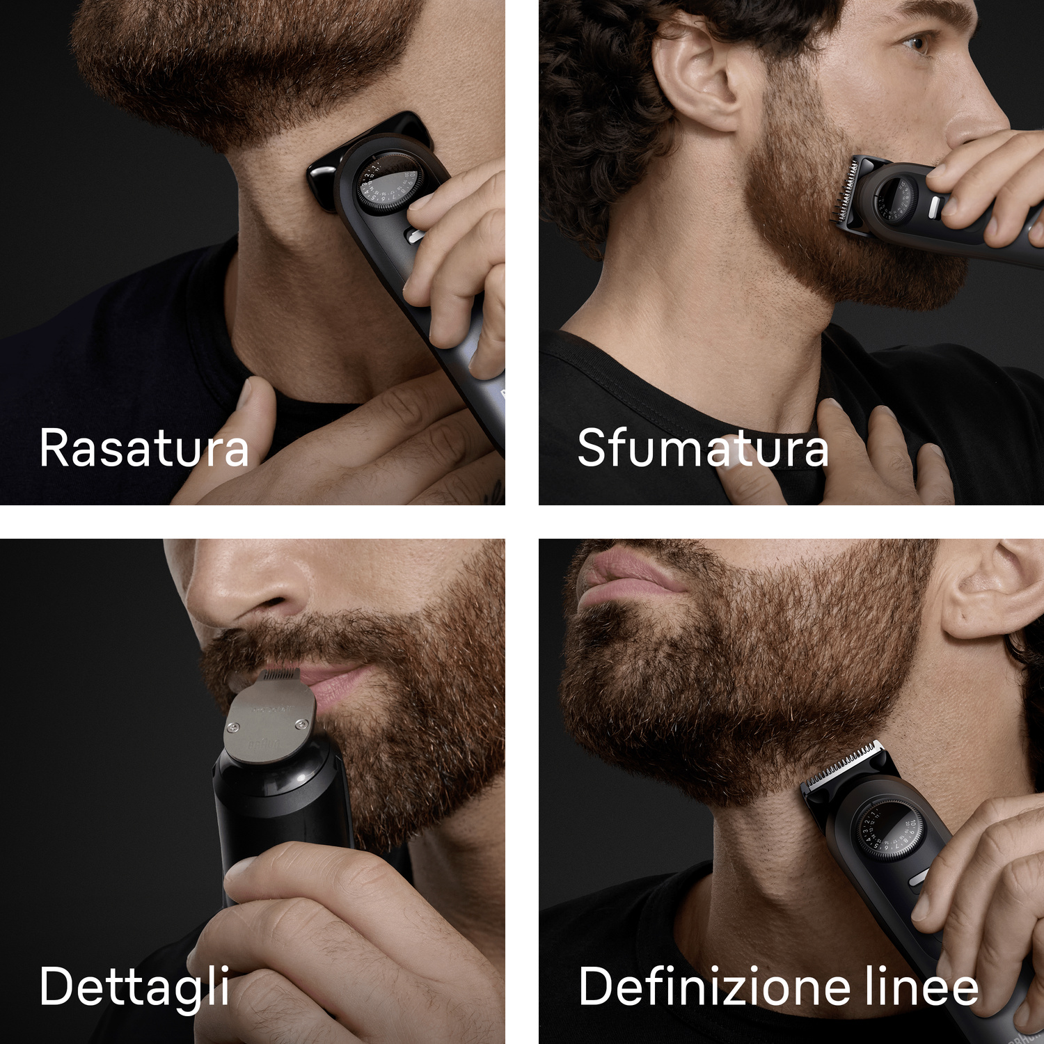 Quattro immagini di un uomo che rade, modella e rifinisce la barba con un regolabarba.