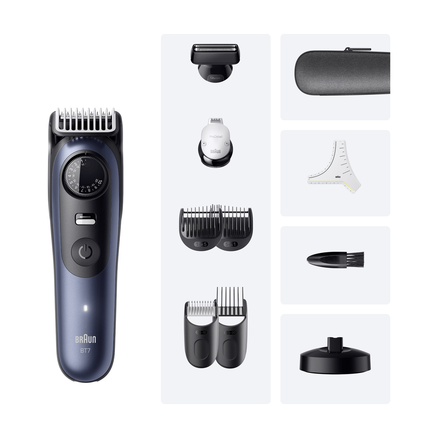 Regolabarba Braun BT7 con accessori, testine di rasatura, spazzola, supporto di carica e custodia su sfondo bianco.