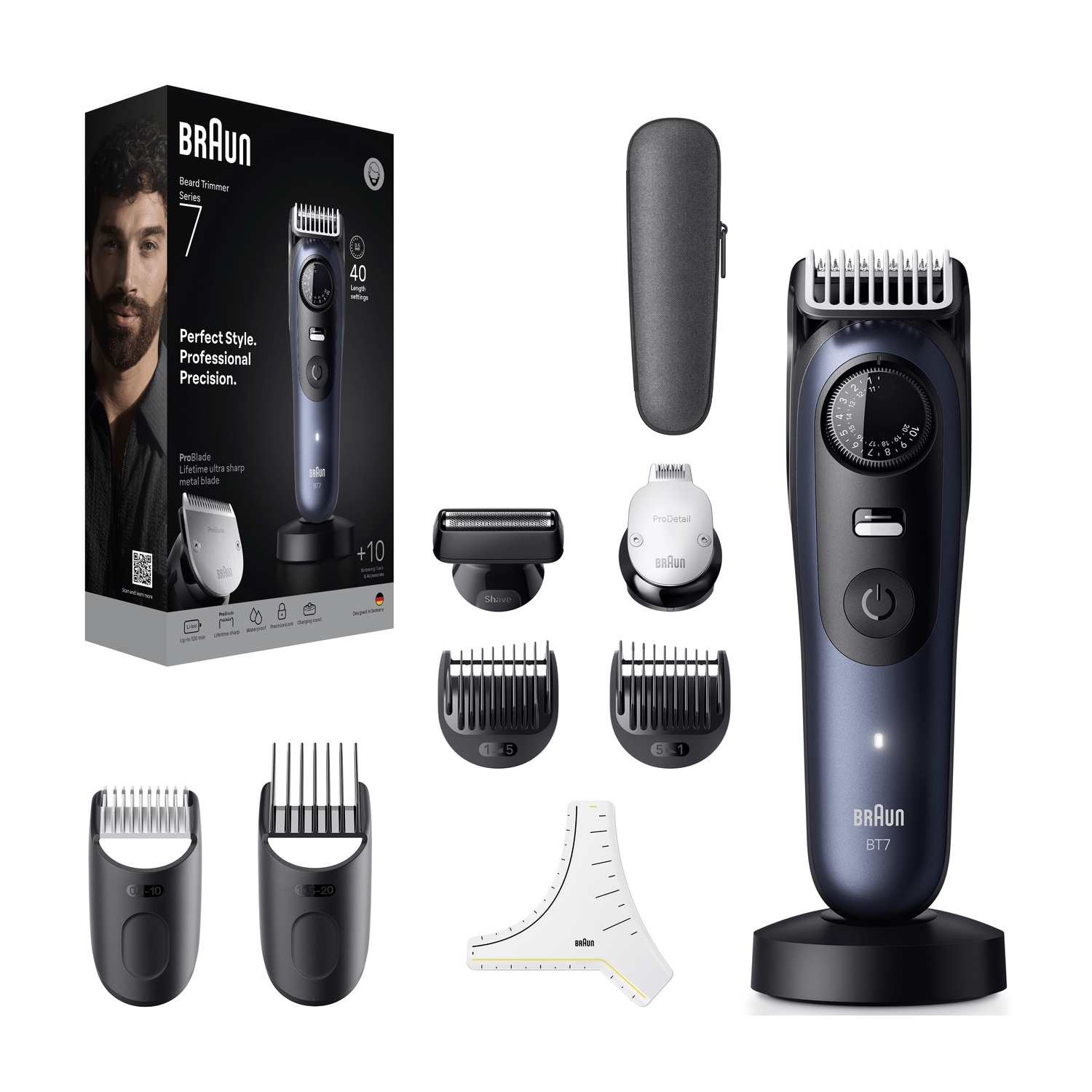 Regolabarba Braun Series 7 con accessori, pettini, lame e custodia su sfondo bianco.