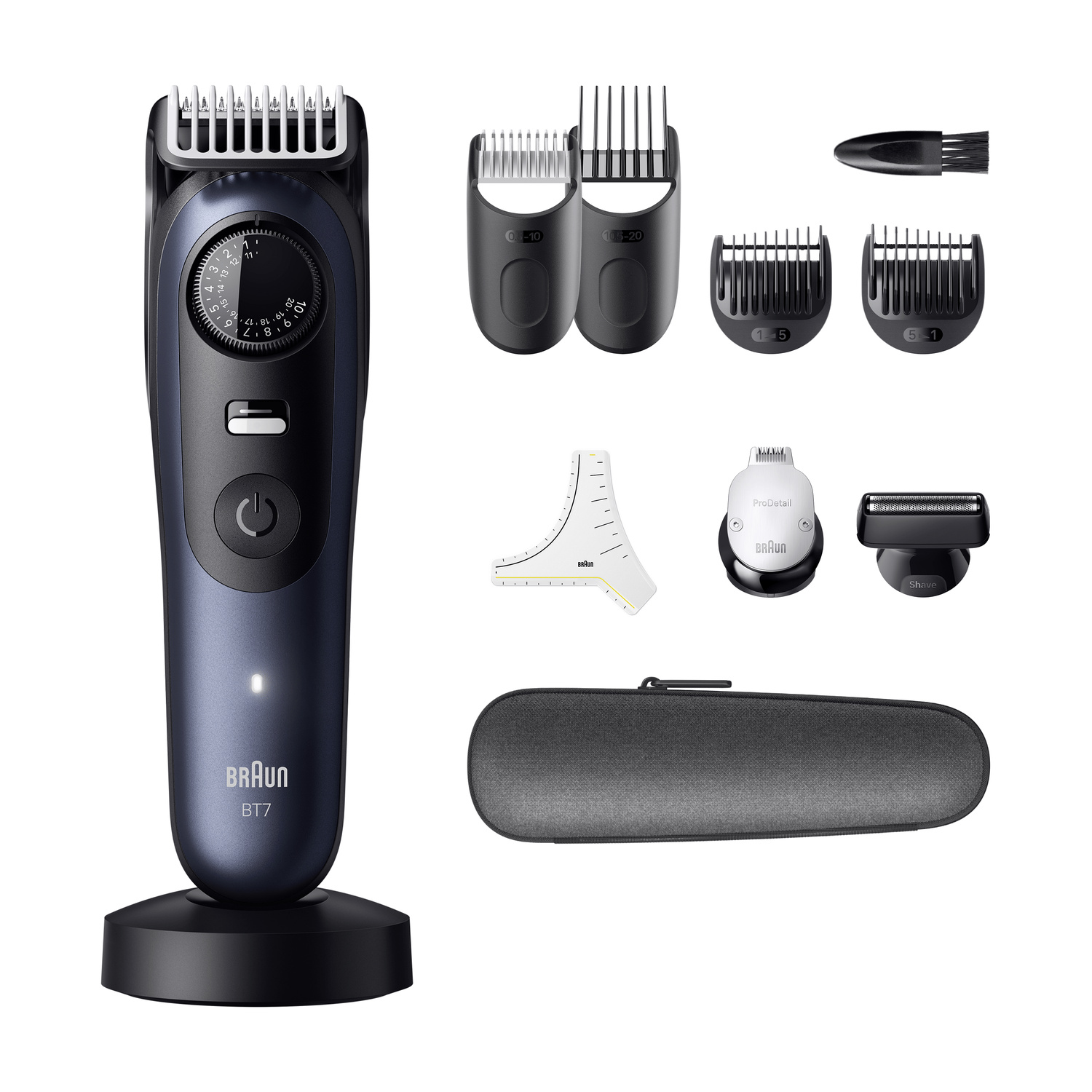Regolabarba Braun BT7 blu su base di ricarica con vari pettini, testine e una custodia su sfondo bianco.