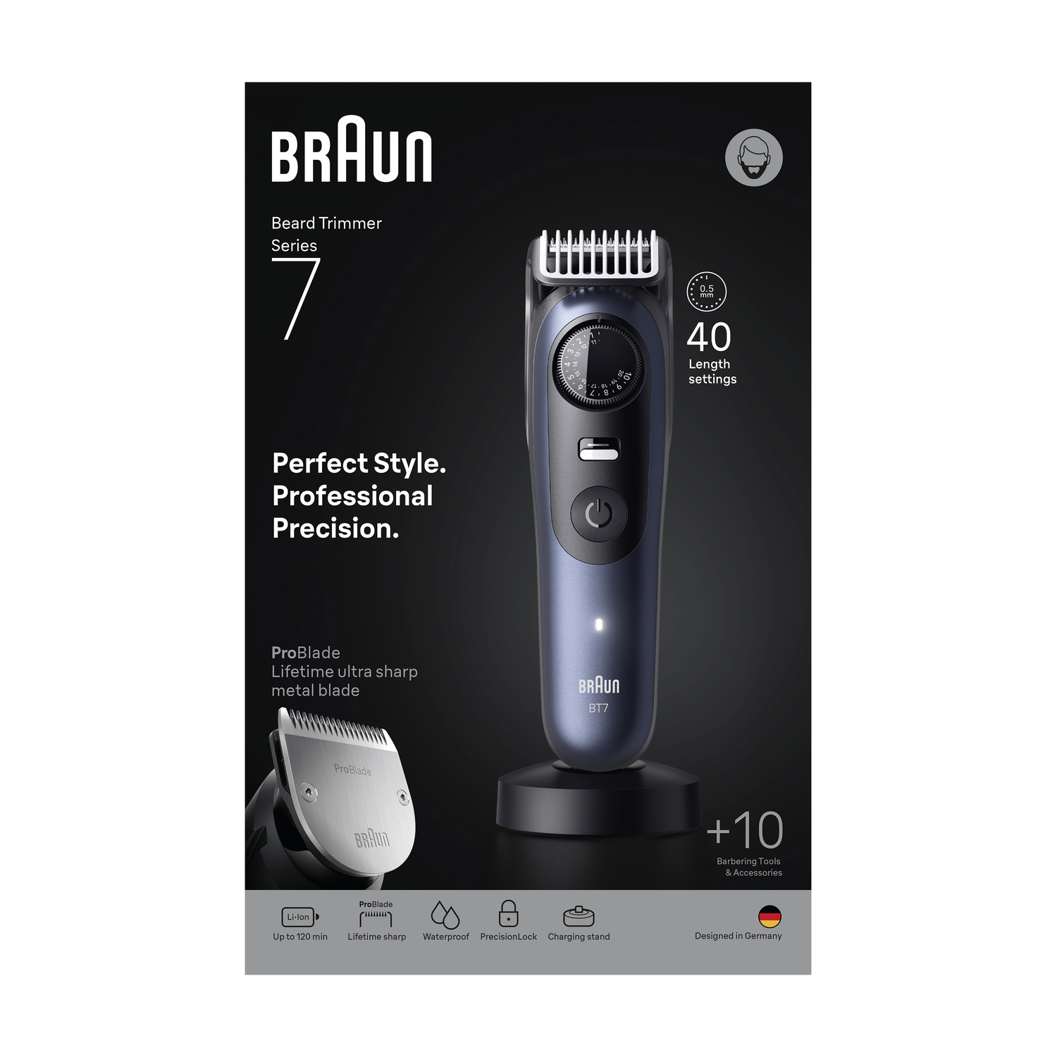 Regolabarba Braun Series 7 blu scuro su base di ricarica, presentato con testo pubblicitario su sfondo nero.