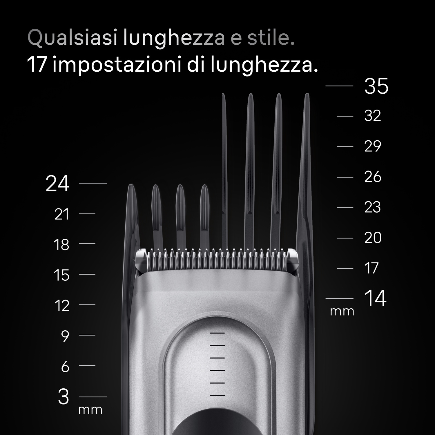 Tagliacapelli con pettine regolabile e indicatori in millimetri su sfondo nero.
