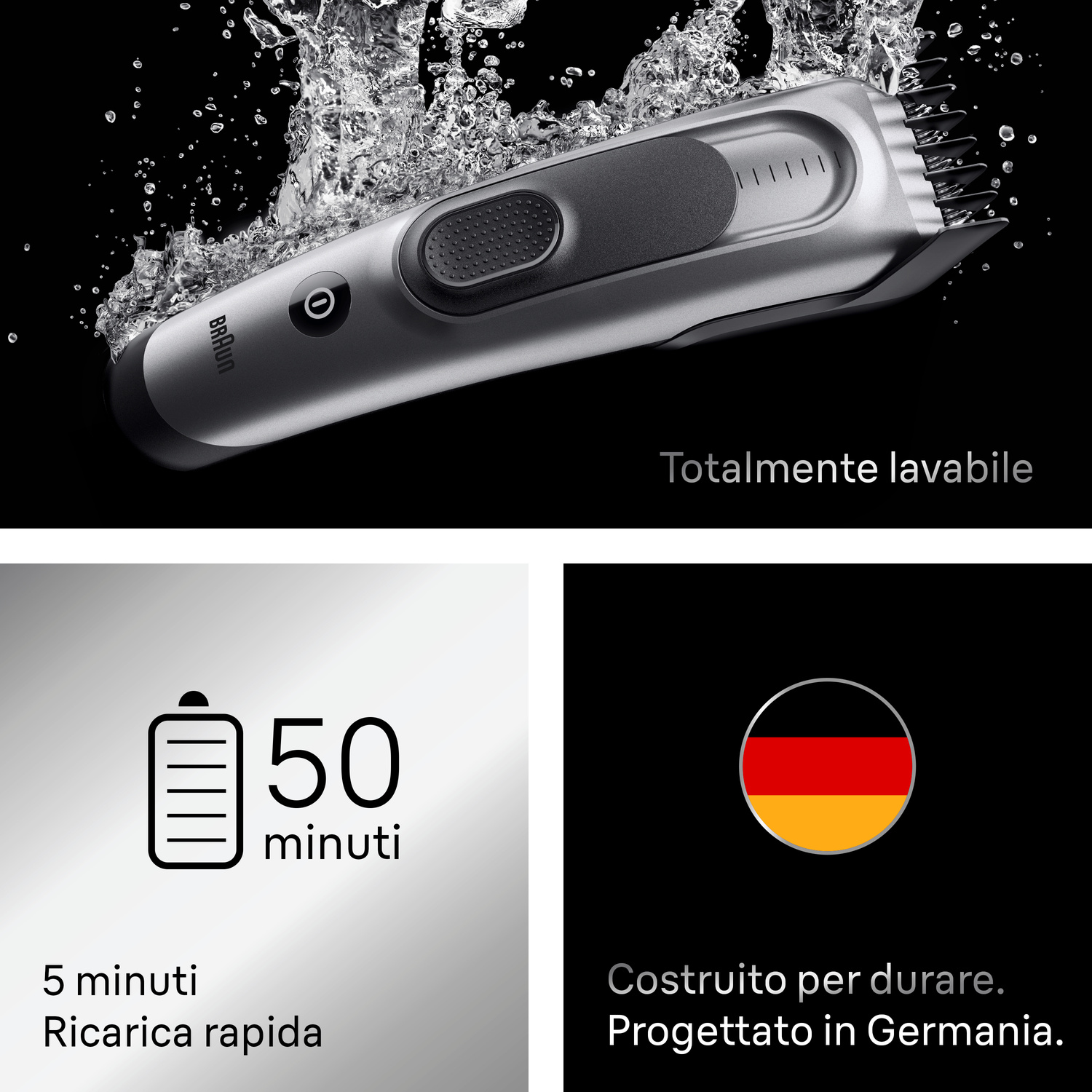 Un tagliabarba Braun con schizzi d'acqua, 50 minuti di autonomia e progettazione tedesca.