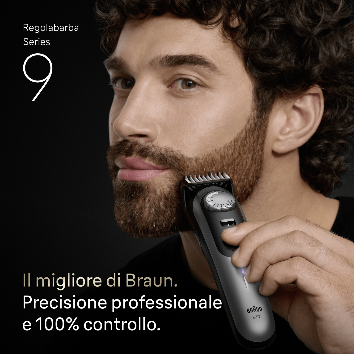 Un uomo che si regola la barba con un tagliabarba Braun Series 9.