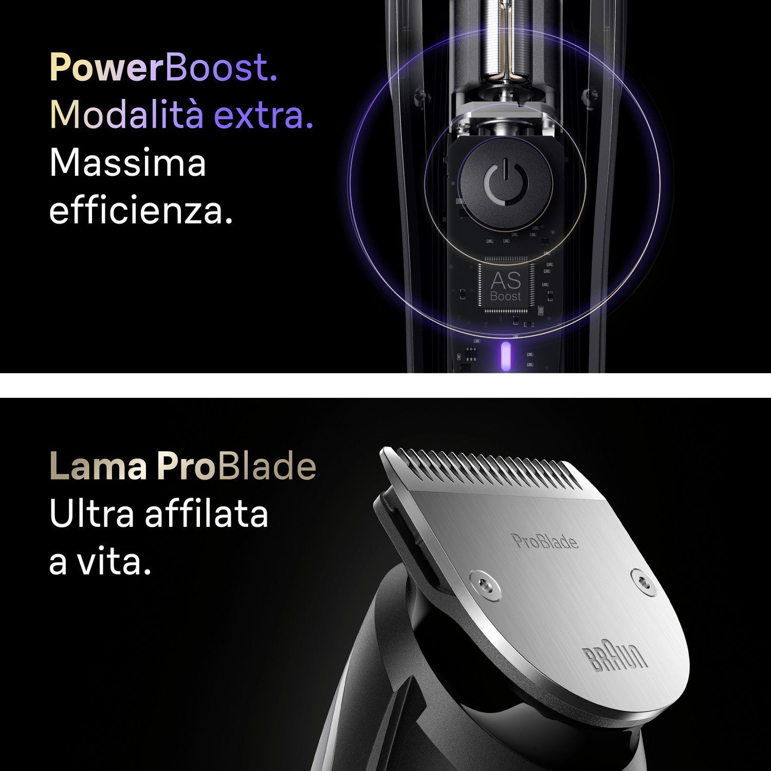 Primi piani di un tagliacapelli elettrico con funzione PowerBoost e una lama ProBlade durevole.