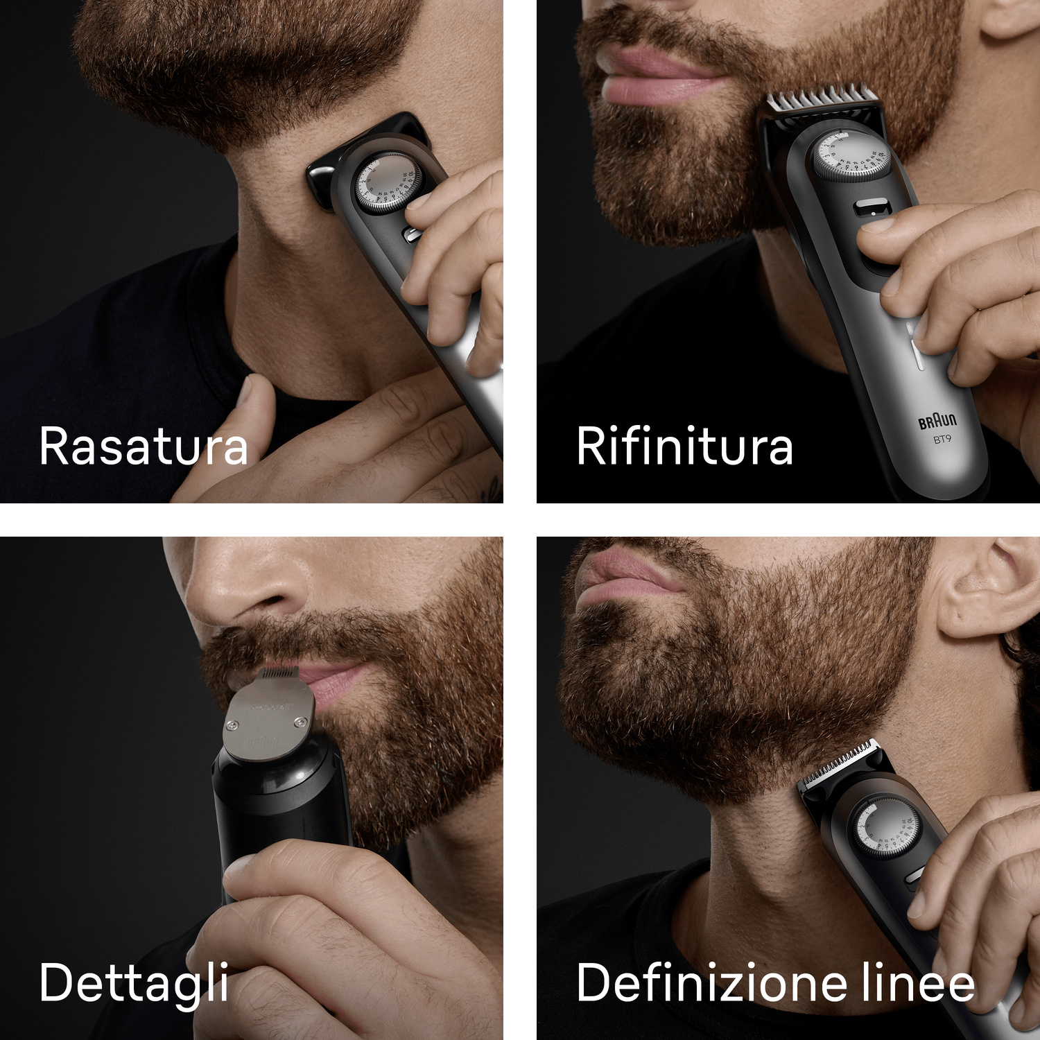 Quattro immagini mostrano un uomo che si rade e regola la barba con un rifinitore Braun.