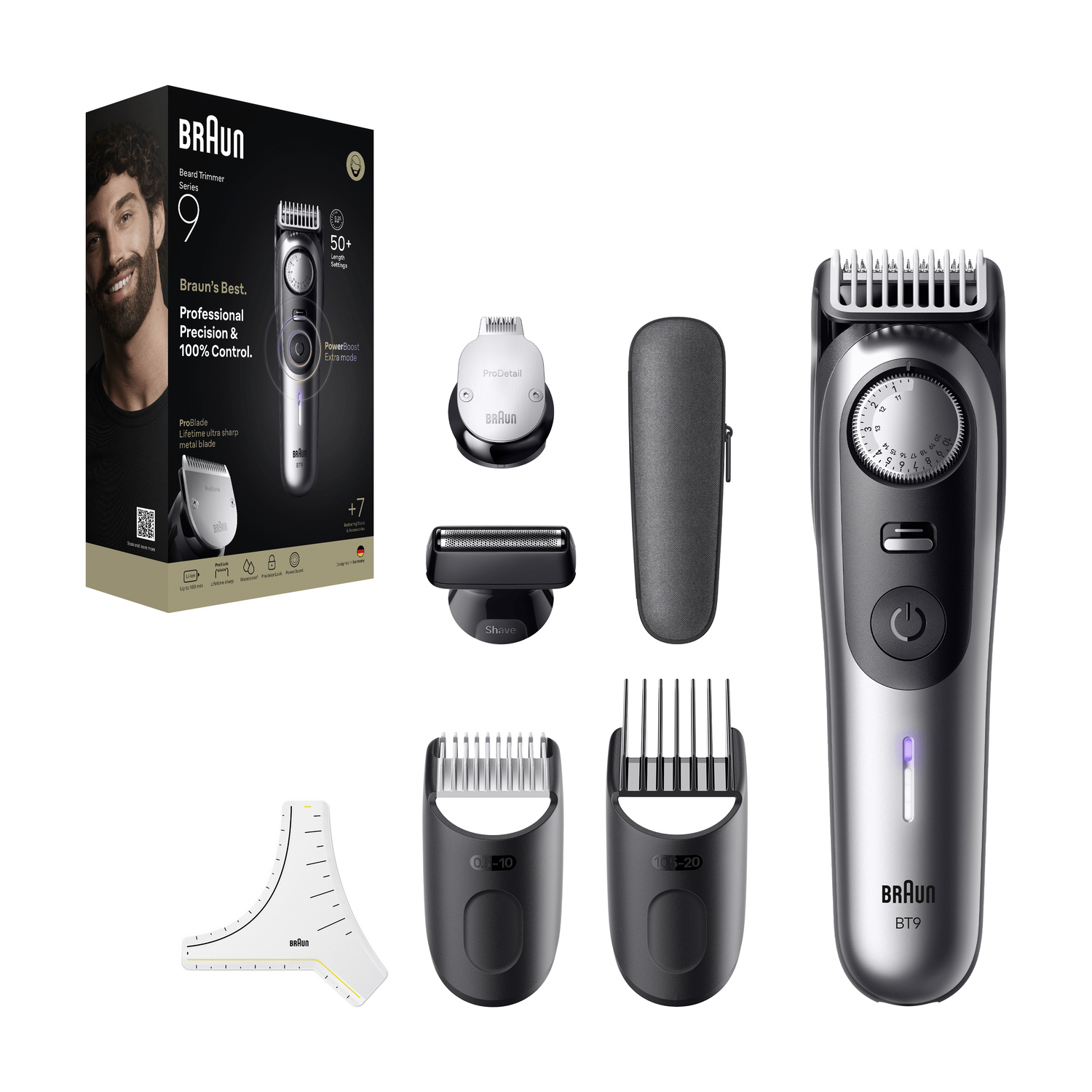 Regolabarba Braun serie 9 con confezione, accessori, guide e custodia su sfondo bianco.