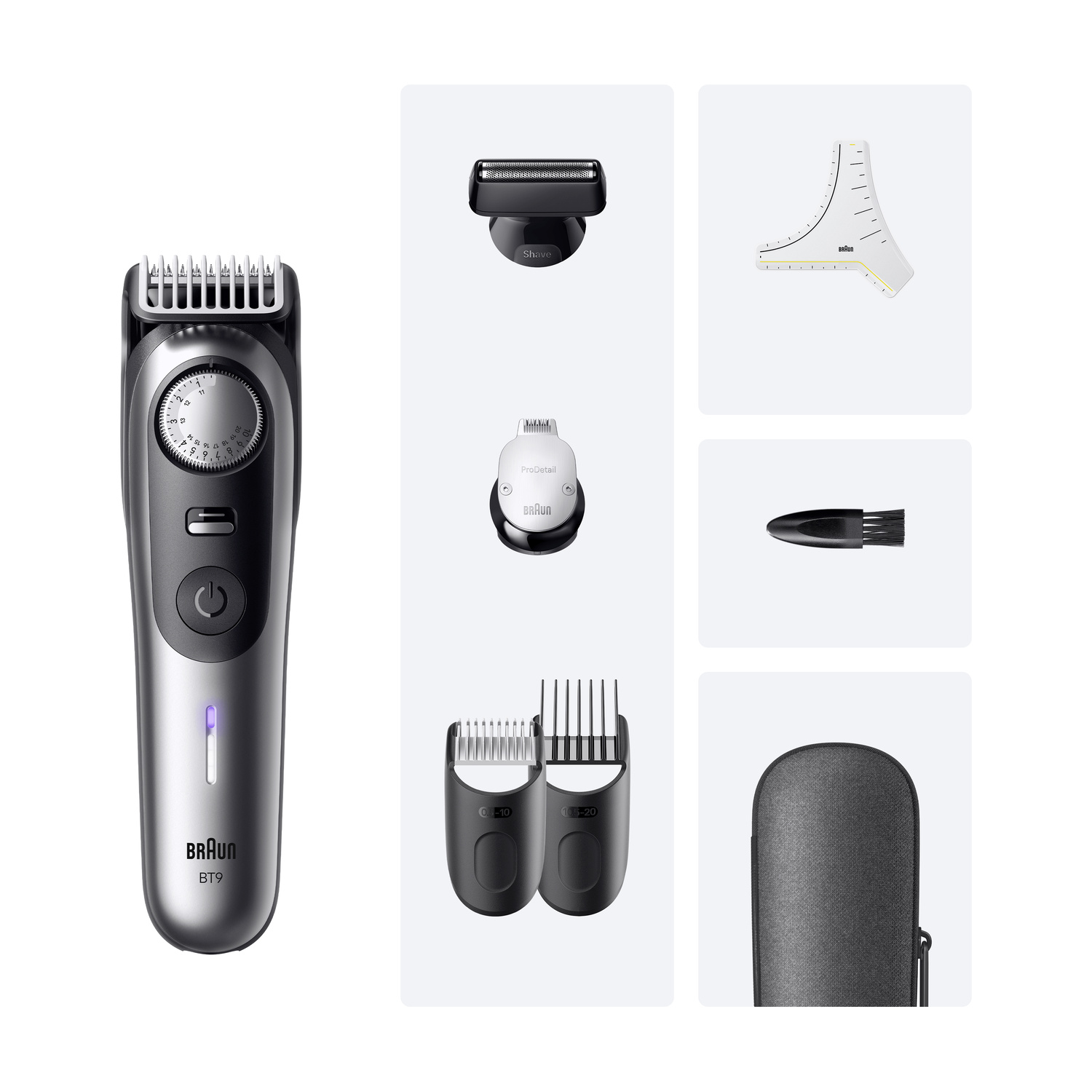 Regolabarba Braun grigio con vari accessori, sagome e custodia su sfondo chiaro.