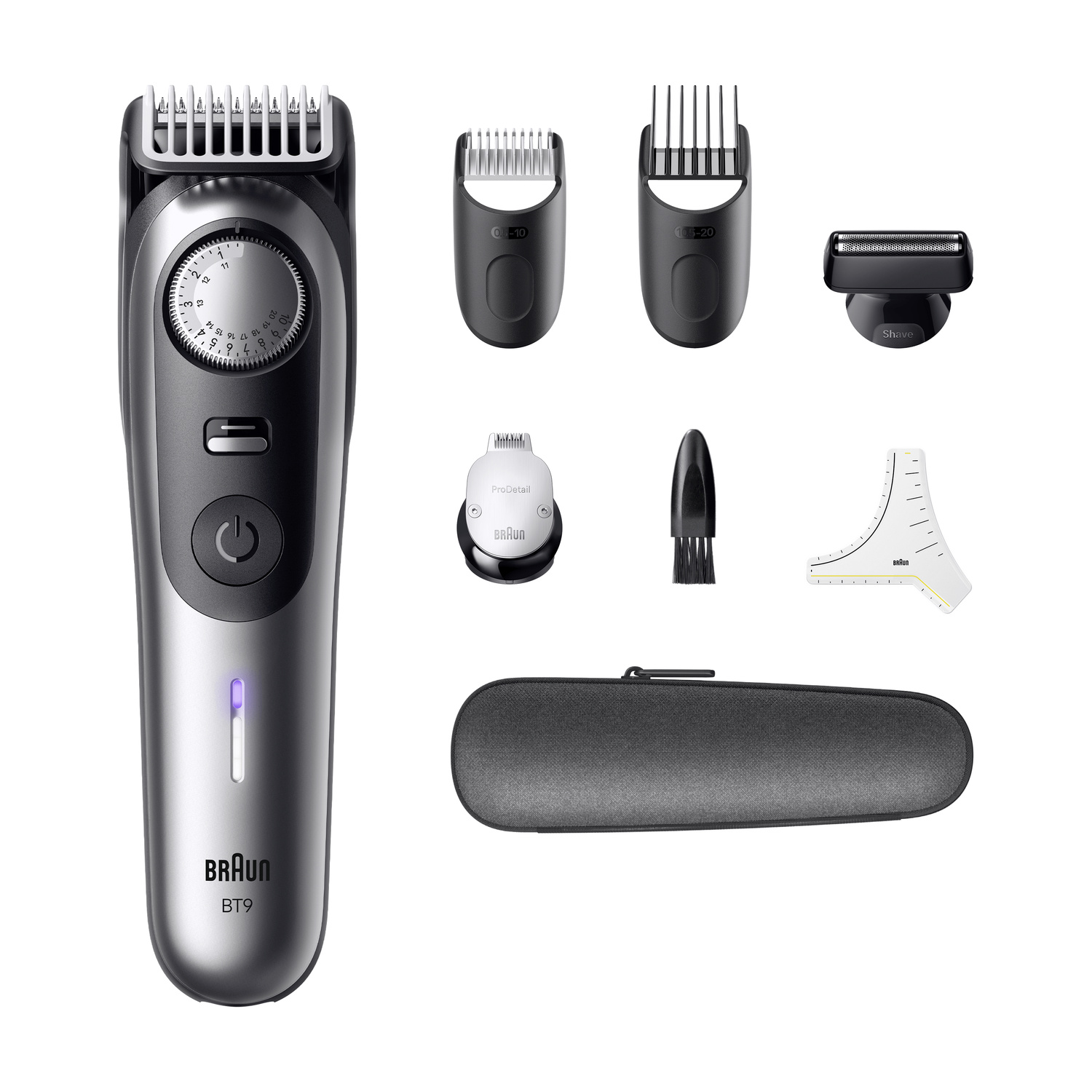 Regolabarba Braun BT9 con accessori, testina, spazzola, dima e custodia.