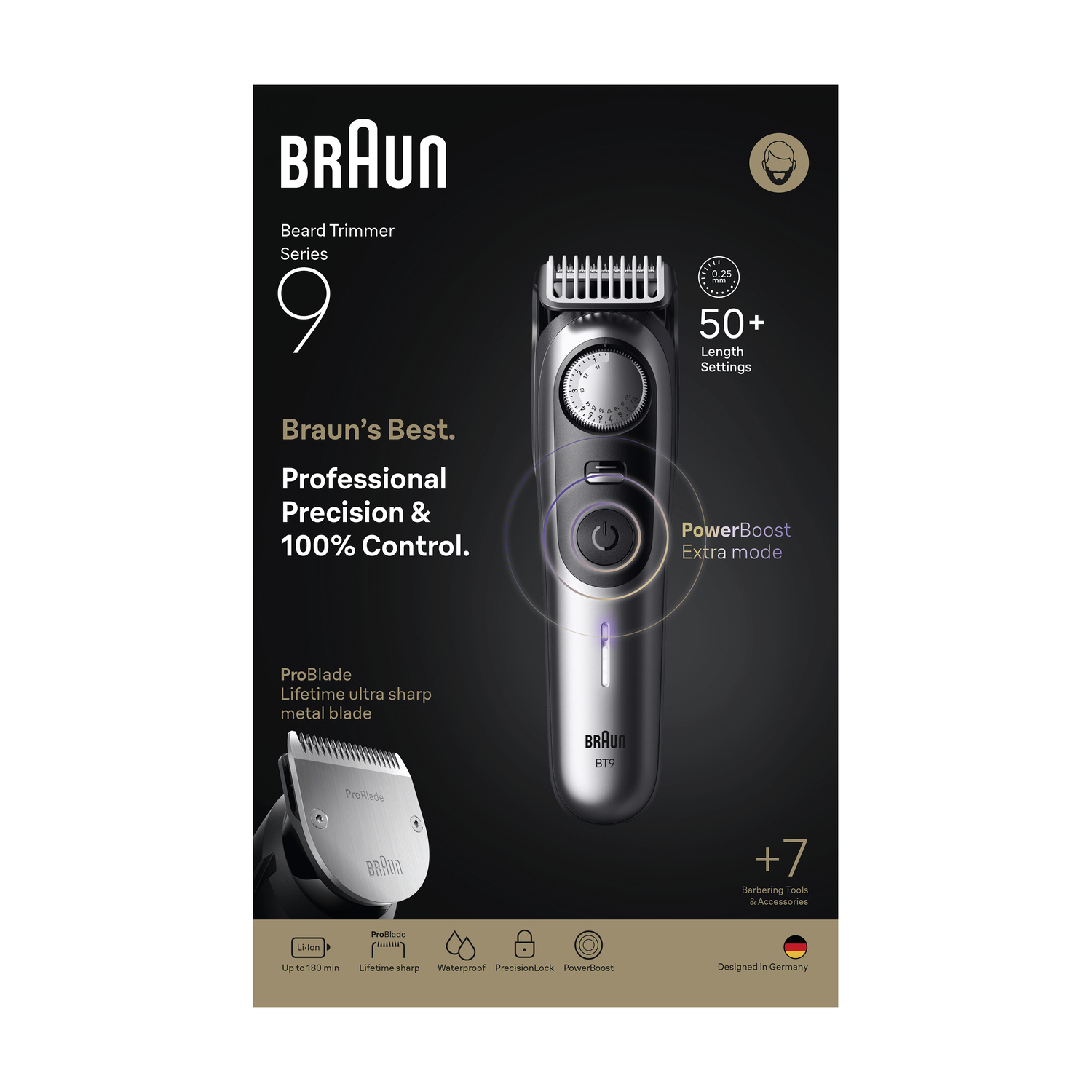 Pubblicità del regolabarba Braun Serie 9 con sfondo nero e dettagli del prodotto.