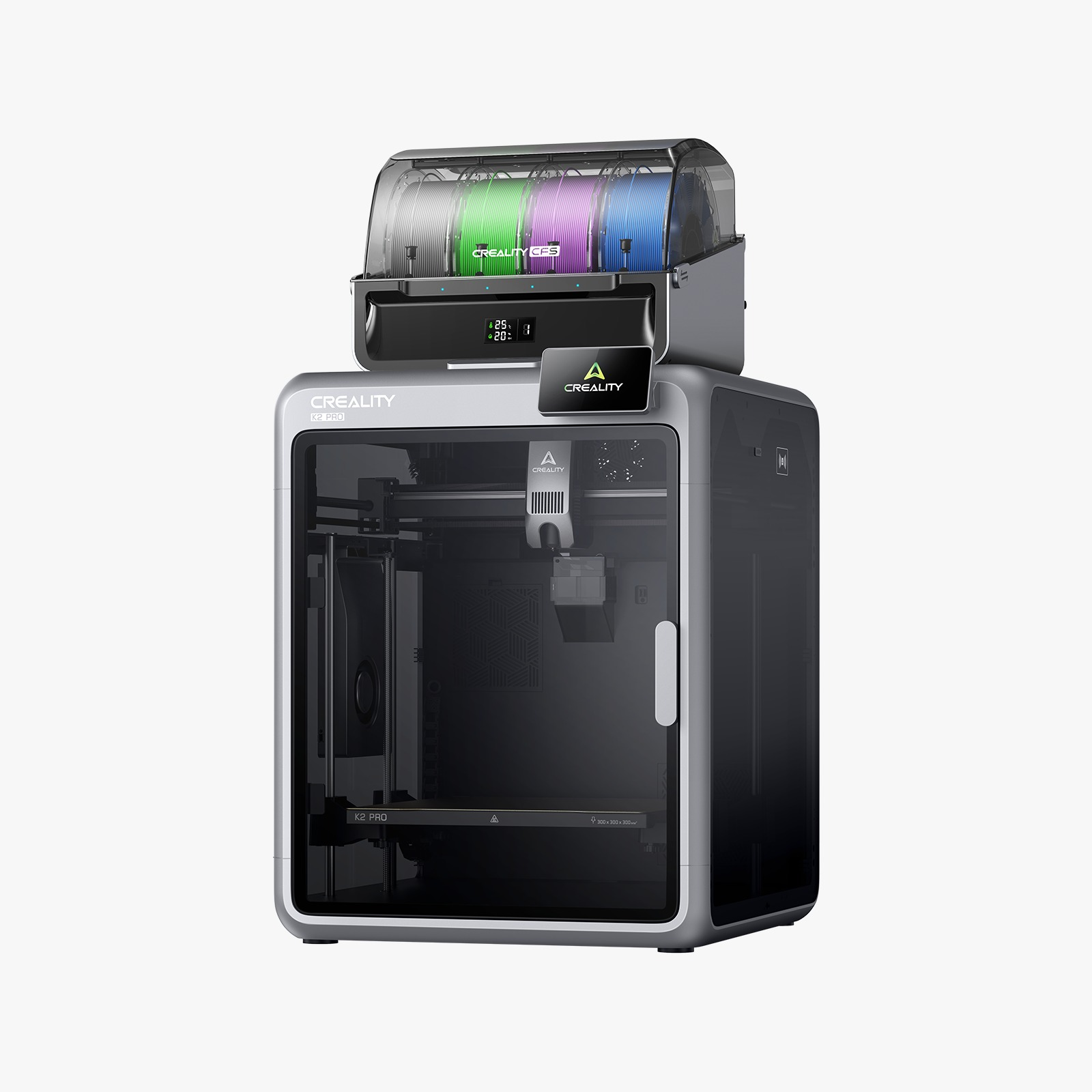 Üzerinde dört renkli filament makarası bulunan çoklu filament CFS ünitesine sahip Creality K2 Pro 3D yazıcı.