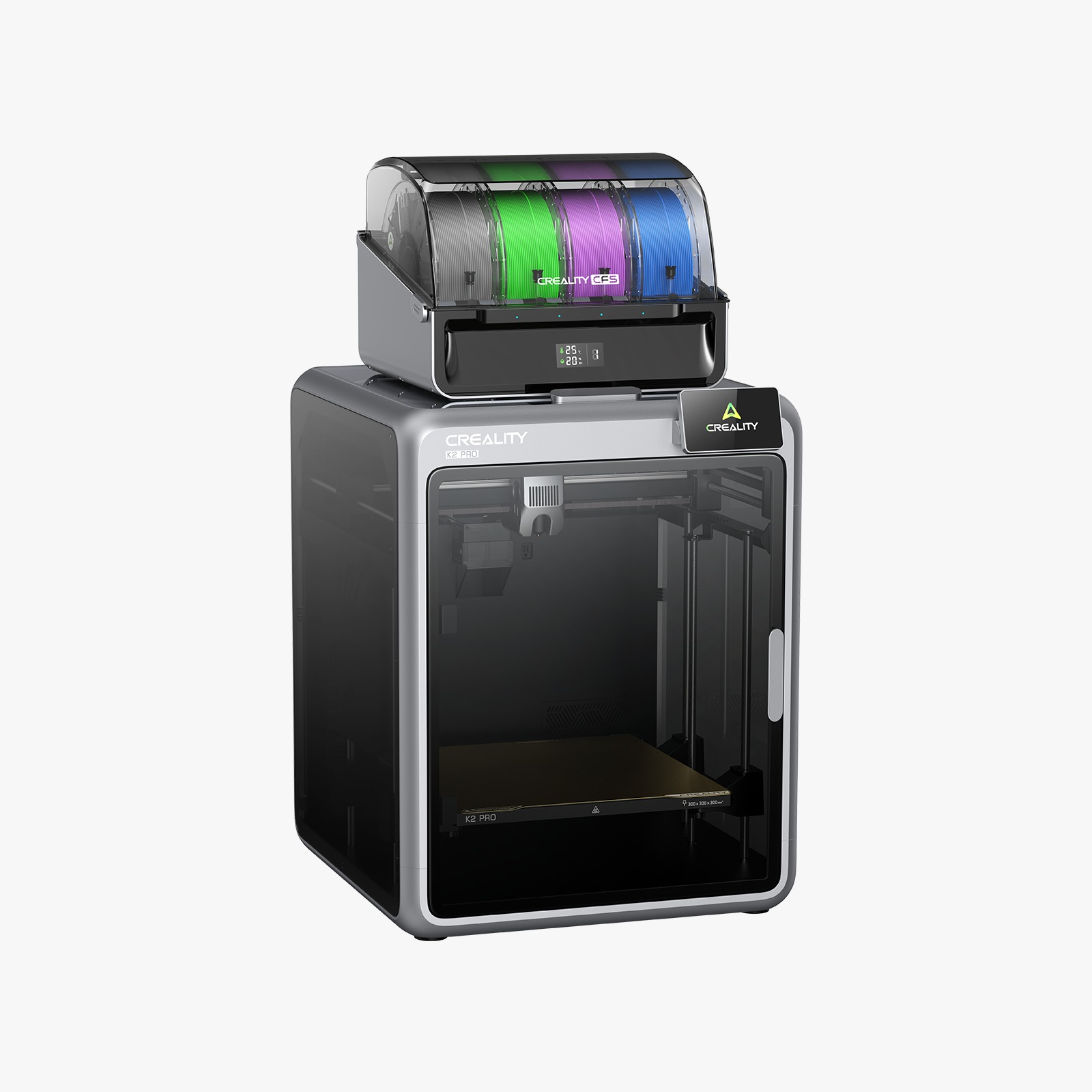 Üzerinde dört renkli makara tutan çoklu filament sistem ünitesi olan Creality K2 Pro 3D yazıcı.
