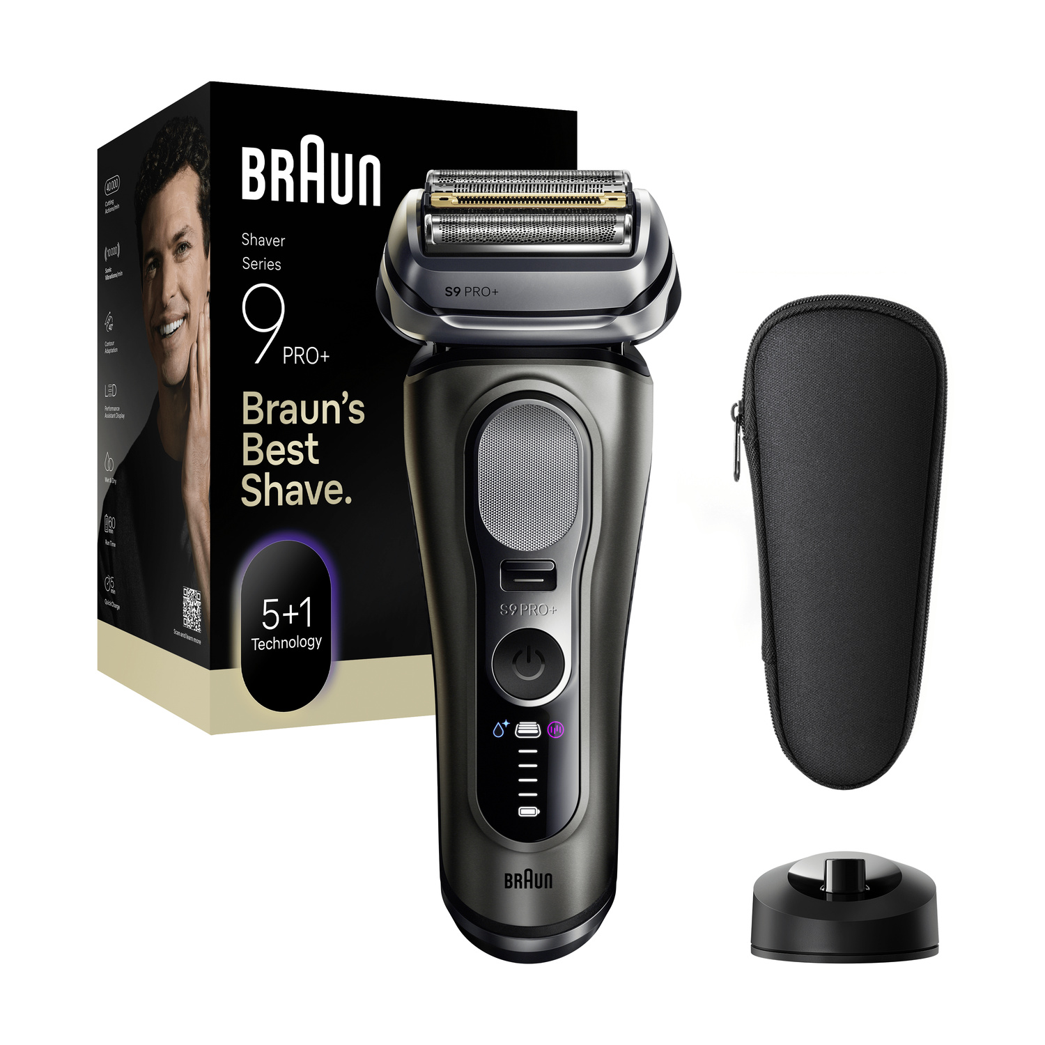 Ras Elettrico Braun S9 Pro+ con scatola, custodia e base di ricarica.