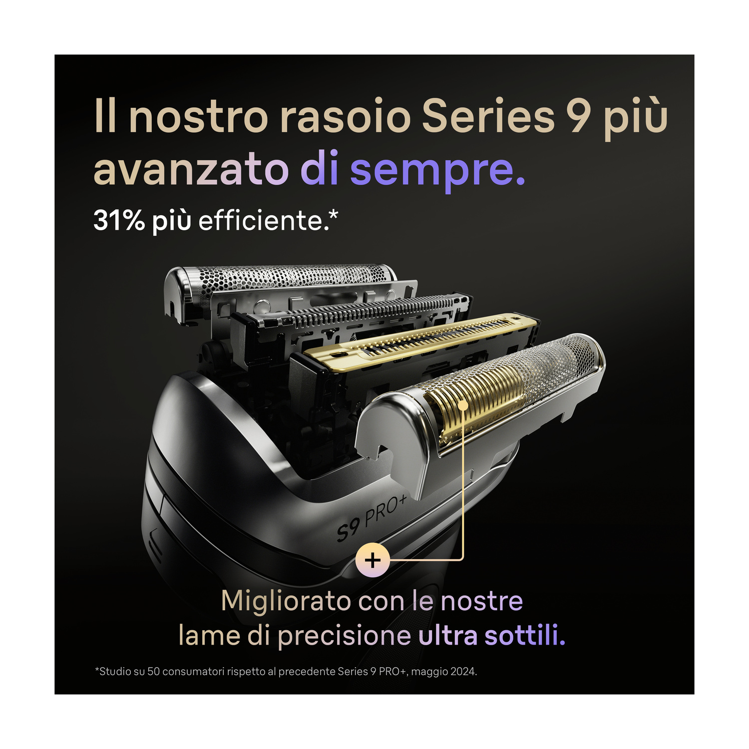 Vista esplosa del rasoio Braun Series 9 Pro+ con elementi a lamina argentati e dorati su sfondo nero.