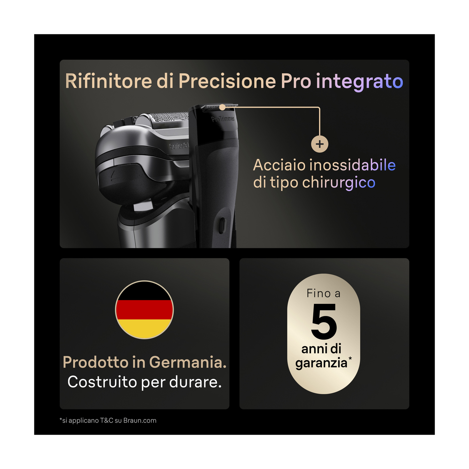 Rasojo con ProTrimmer integrato in acciaio chirurgico, Prodotto in Germania, 5 anni di garanzia.