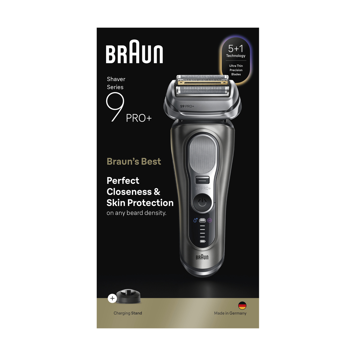 Confezione del rasoio elettrico argentato Braun Series 9 Pro+ con base di ricarica.
