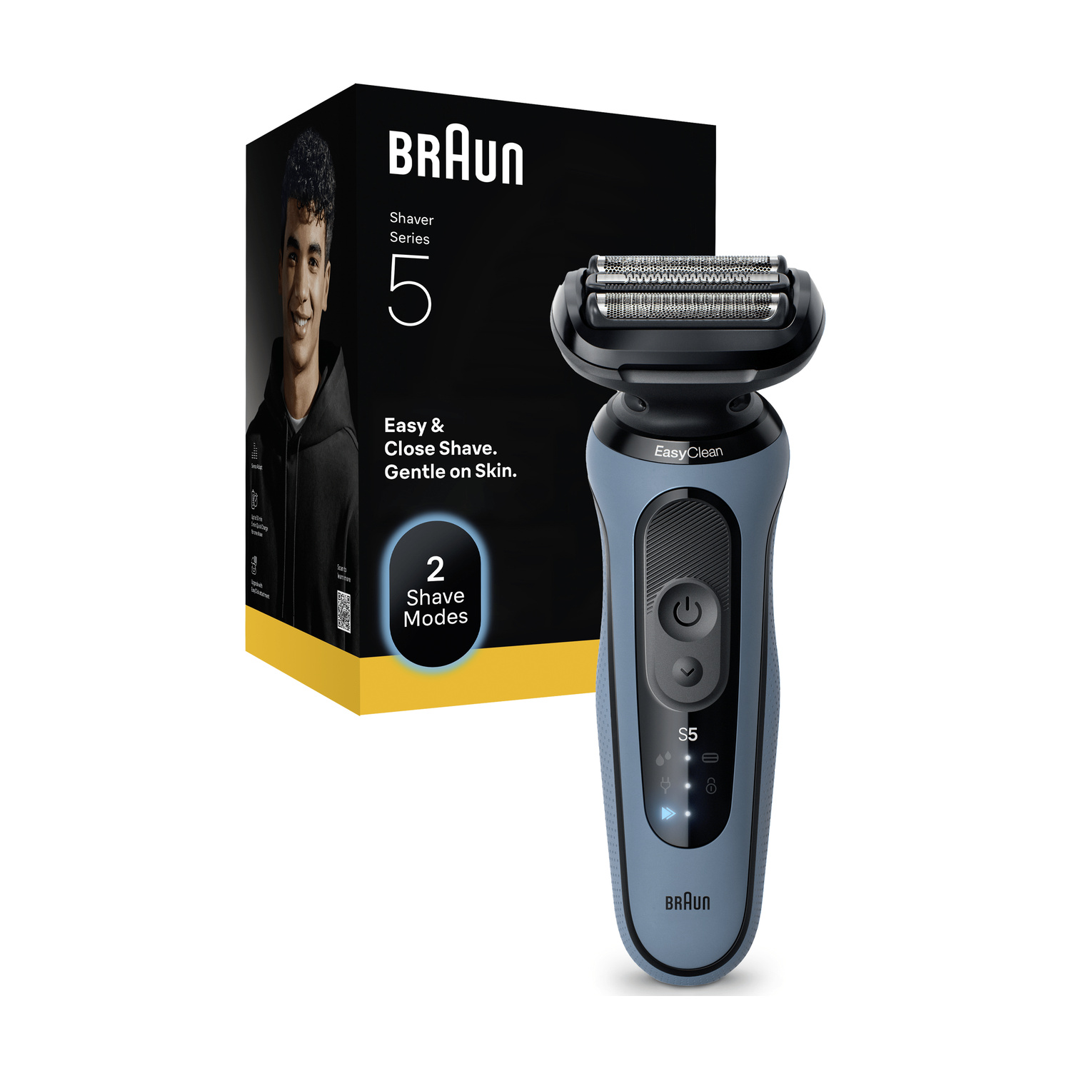Un rasoio elettrico blu Braun Series 5 è in piedi davanti alla sua scatola con l'immagine di un uomo sorridente.