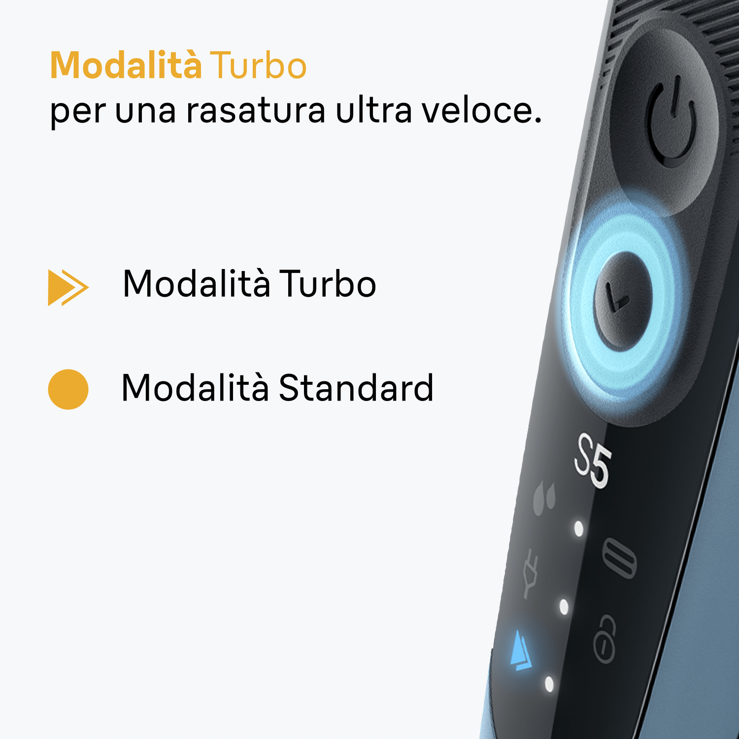 Un rasoio elettrico con pulsanti modalità turbo e standard e indicatori LED sul pannello frontale blu.
