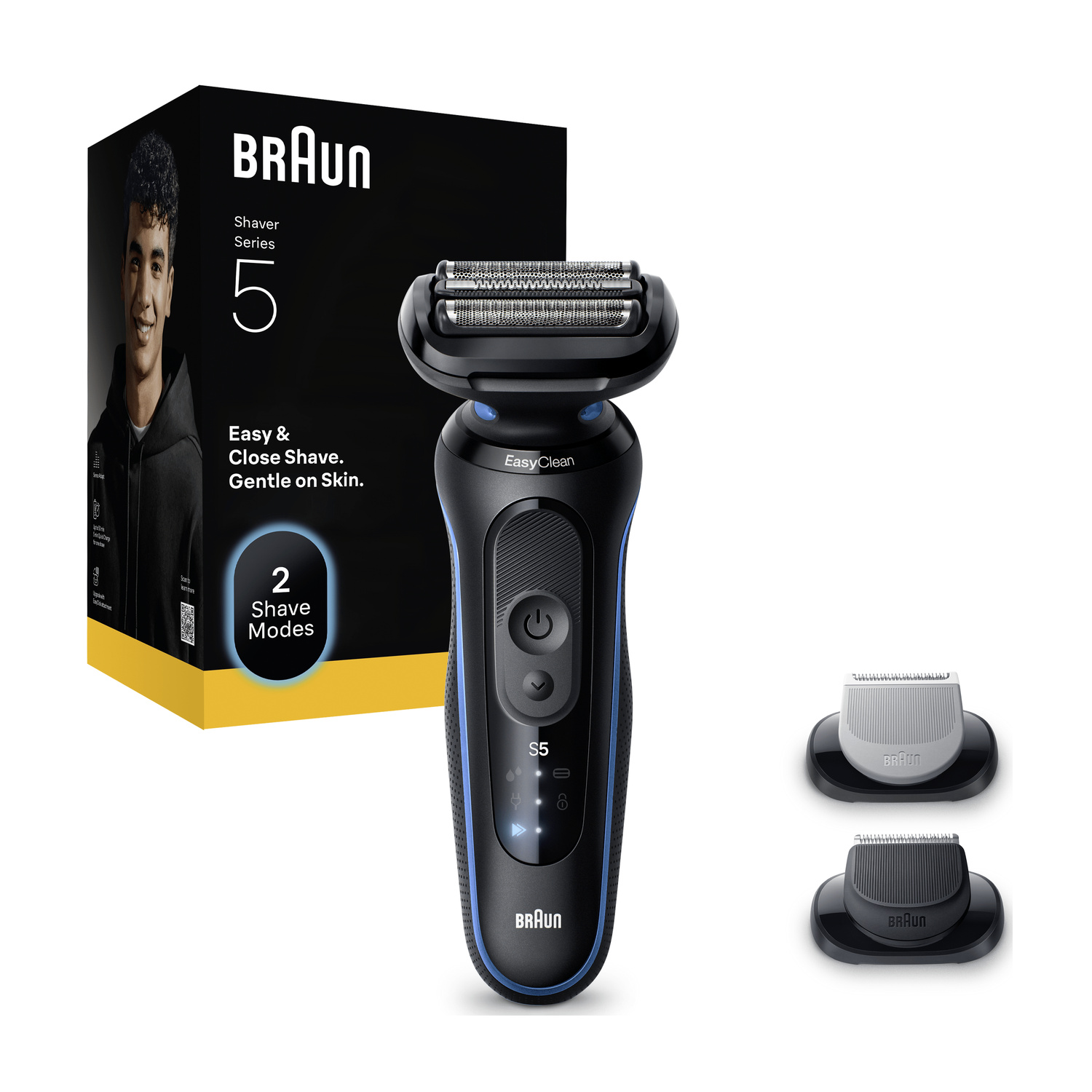 Un rasoio elettrico nero Braun Series 5 con la sua scatola e due accessori su sfondo bianco.