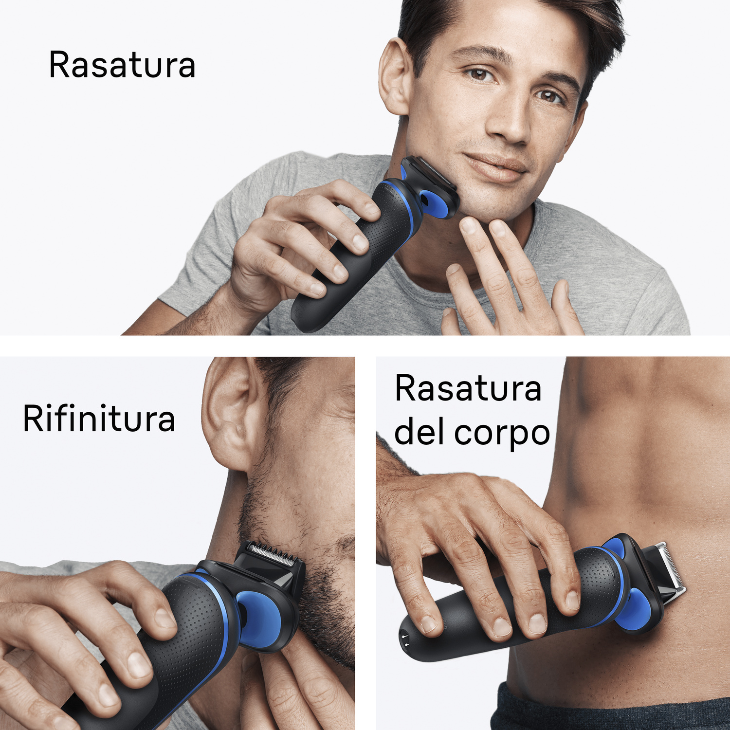 Un uomo si rade, rifinisce la barba e cura il corpo con un rasoio elettrico nero e blu.