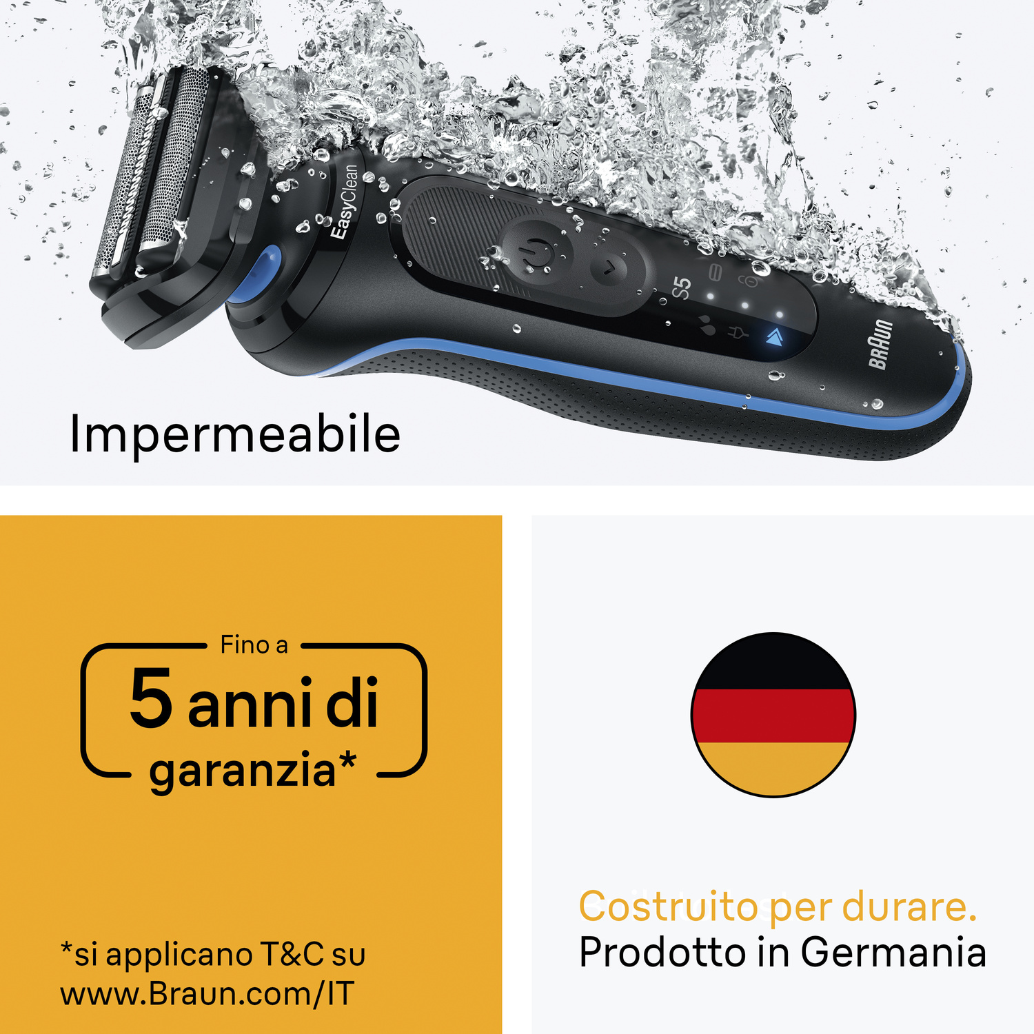 Rasoio Braun impermeabile con 5 anni di garanzia e prodotto in Germania.