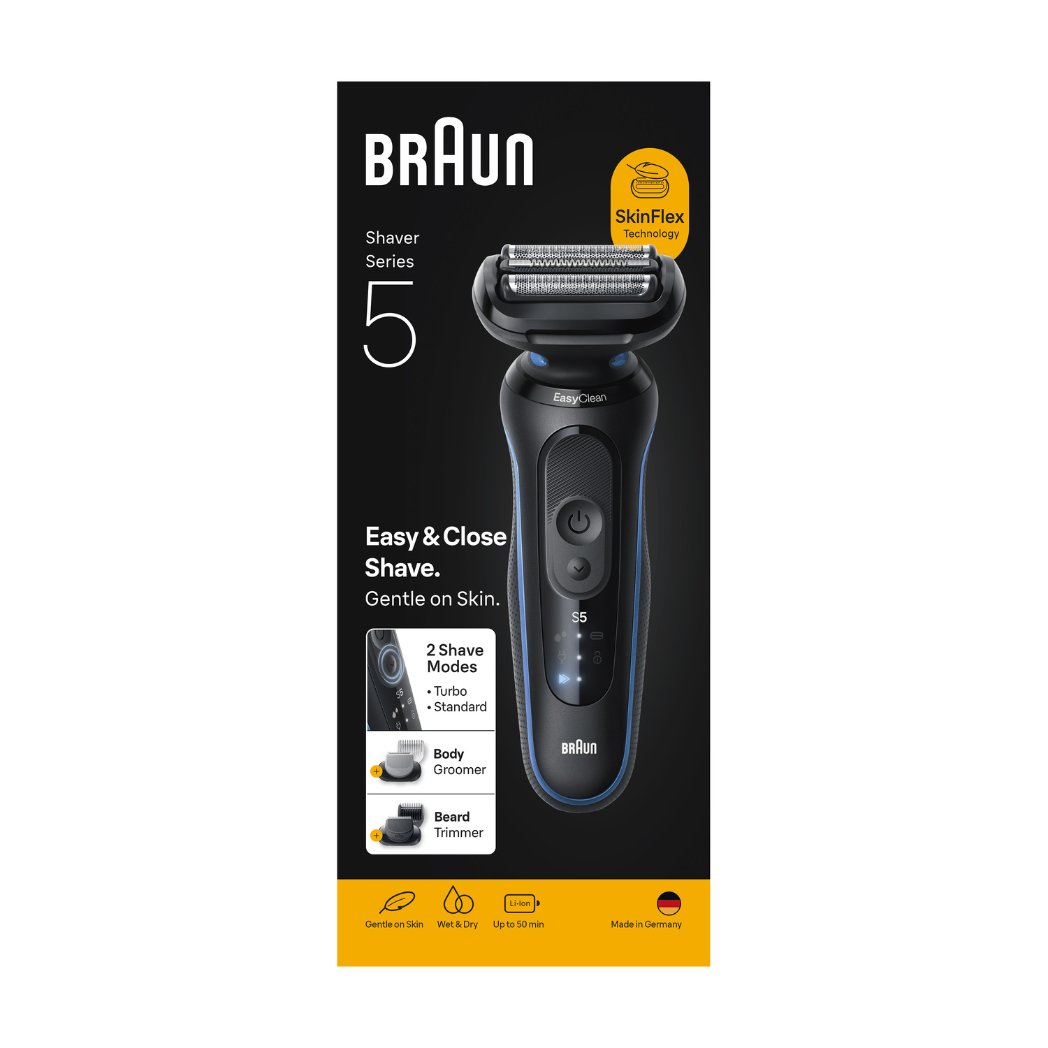 Confezione del rasoio Braun Series 5 che mostra il rasoio nero, dettagli blu e icone di accessori.
