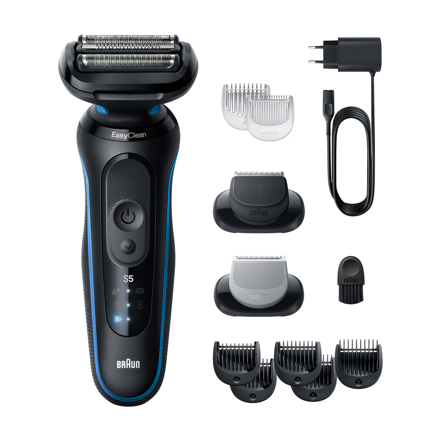Un rasoio elettrico Braun nero con accessori tra cui pettini, cavo di ricarica e spazzolina.