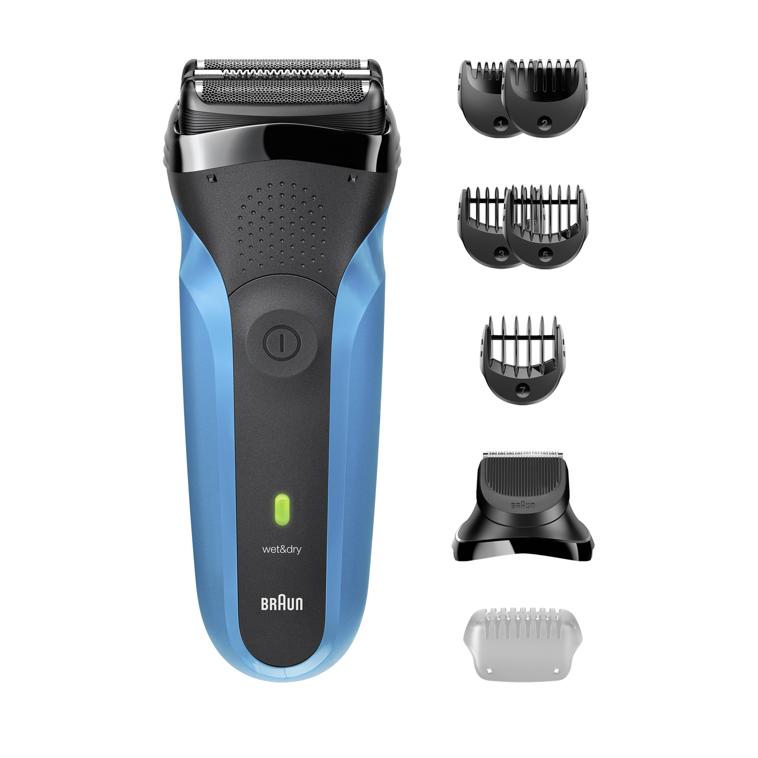 Un rasoio elettrico Braun wet and dry blu e nero con cinque pettini regolabarba su sfondo bianco.