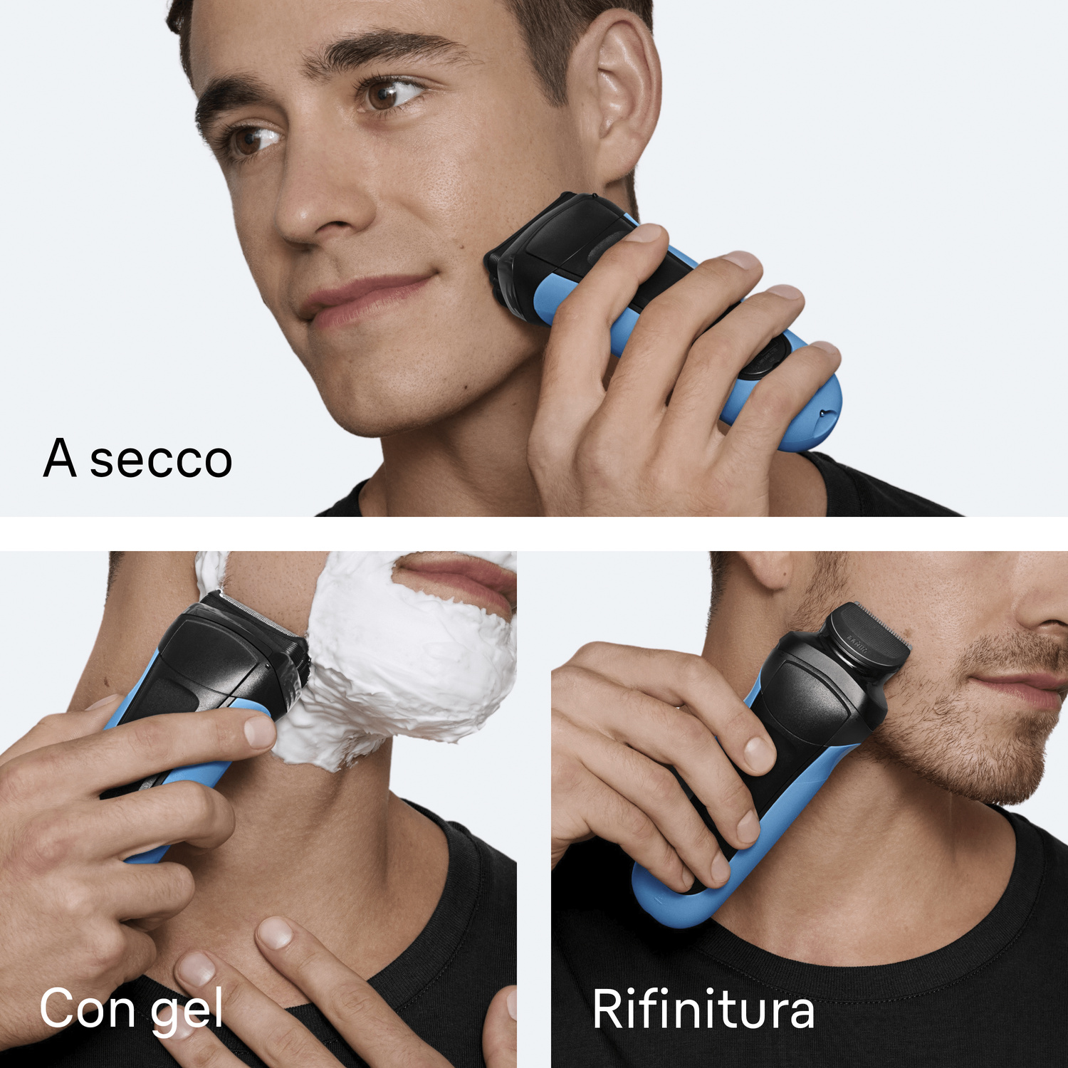 Un uomo usa un rasoio blu per rasatura a secco, con gel e per la rifinitura.