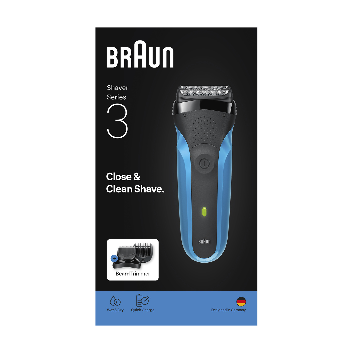 Confezione di rasoio blu Braun Serie 3 con rifinitore barba e funzione wet and dry.