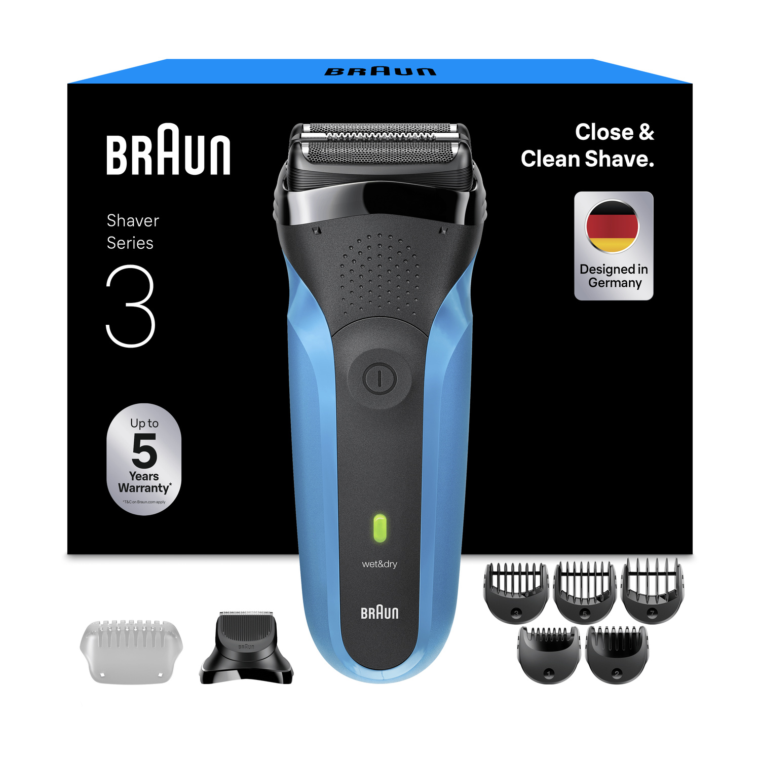 Rasoio elettrico blu Braun Series 3 con confezione, accessori e cappuccio.