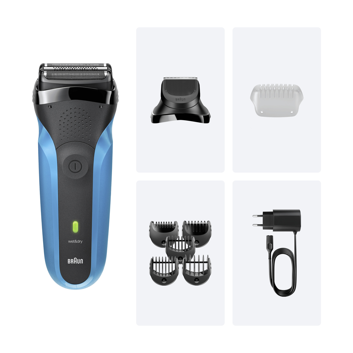 Un rasoio elettrico Braun blu e nero con accessori, cappuccio protettivo e cavo.