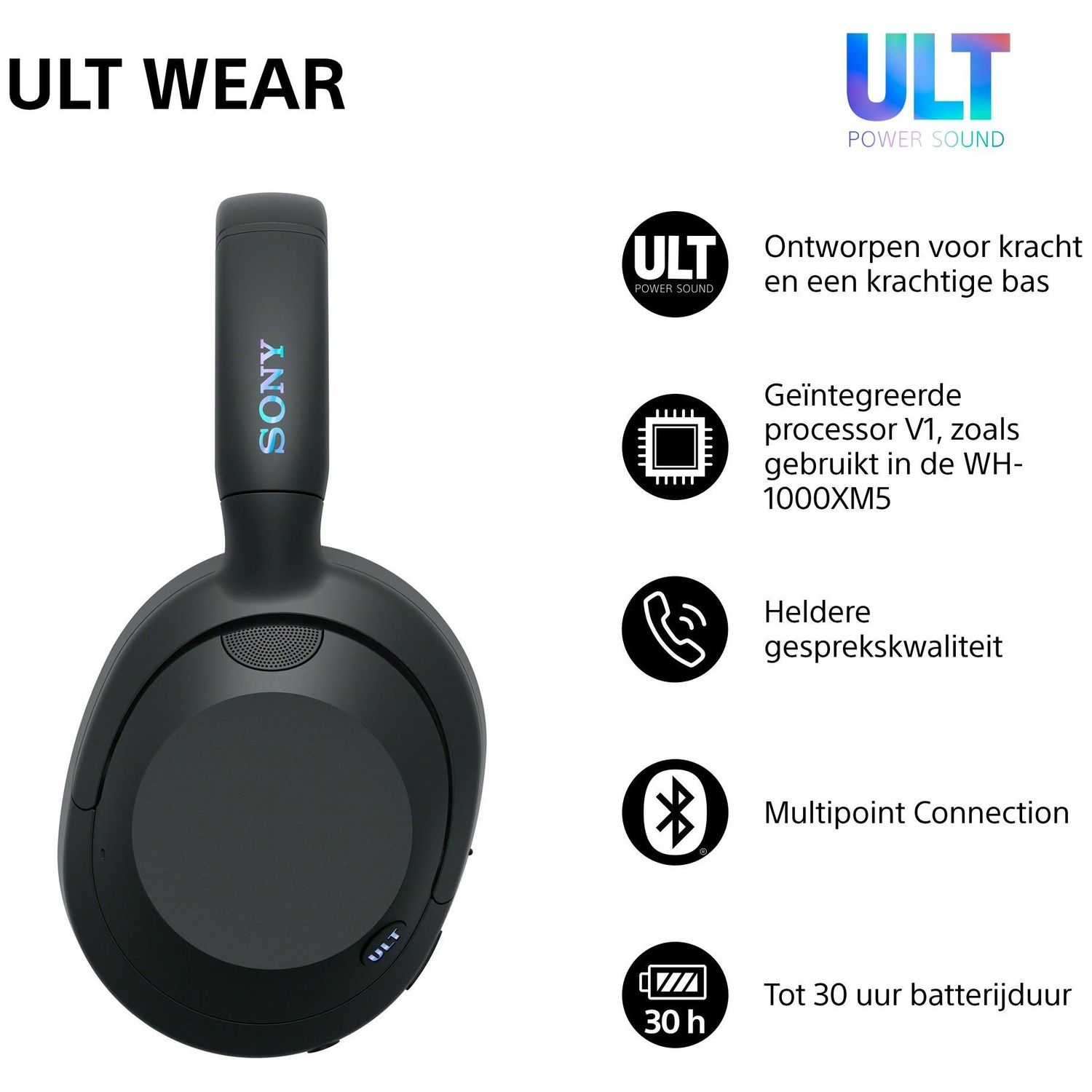 Sony ULT Wear black headphones with key features listed on the right in Dutch.