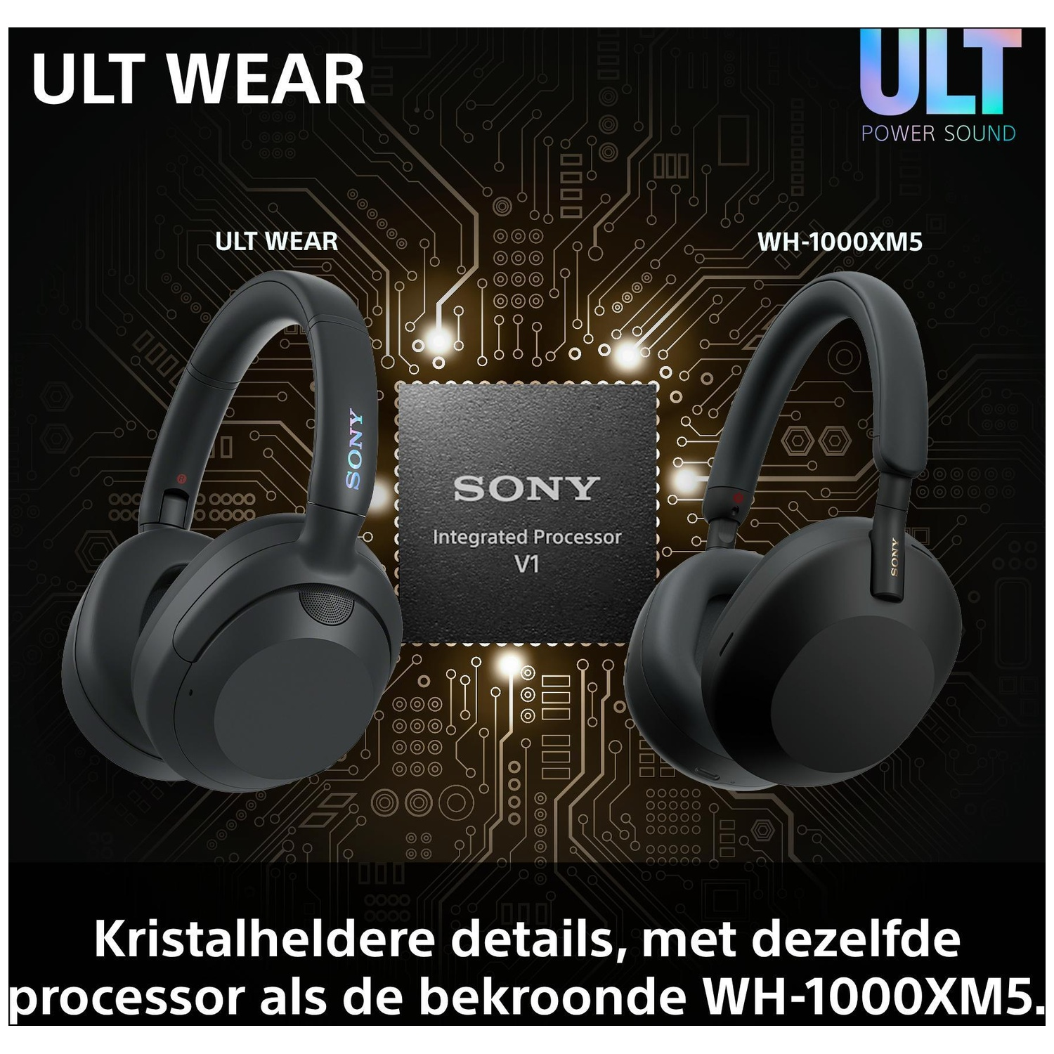 Two black Sony headphones flank an Integrated Processor V1 on a printed circuit board background.