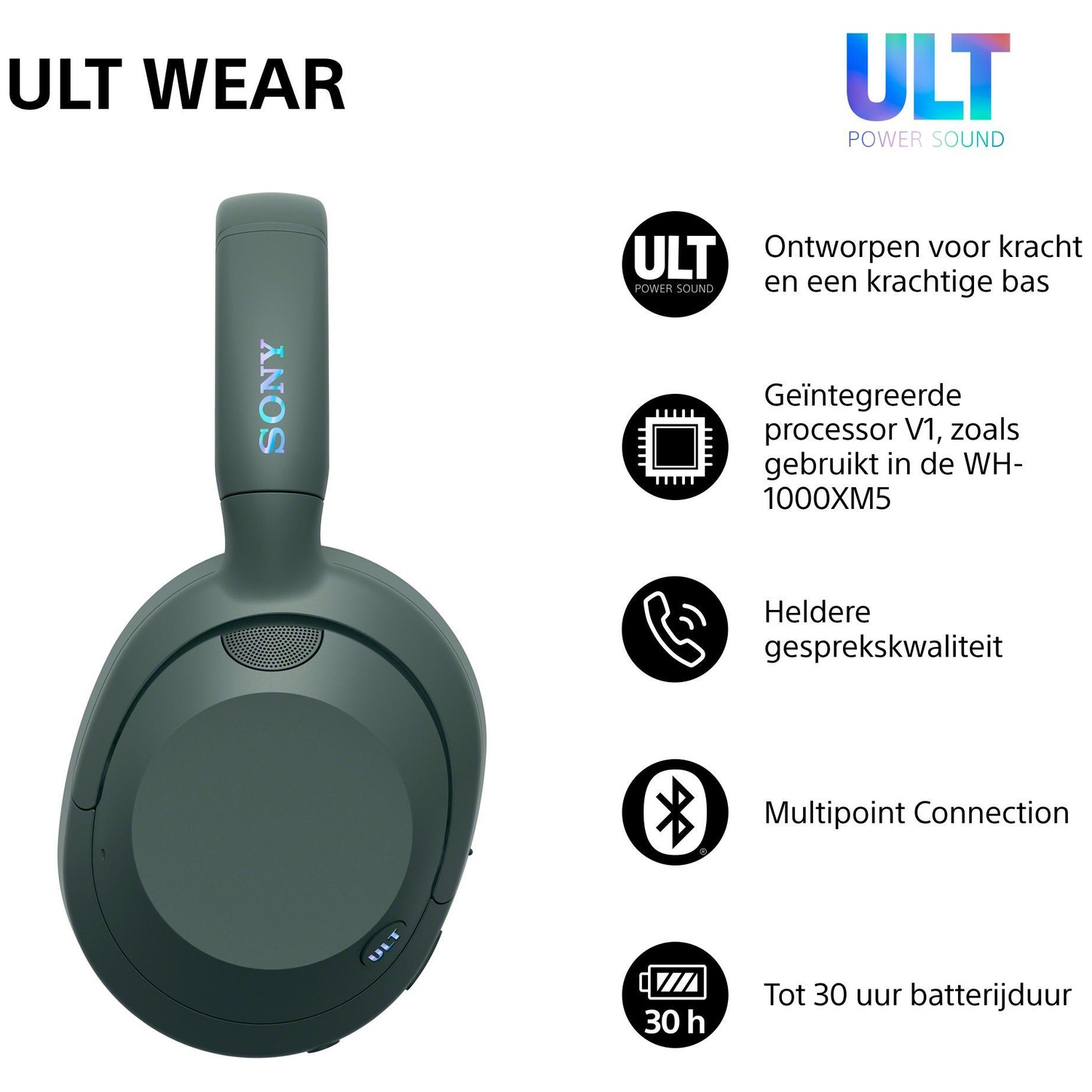 Green Sony ULT Wear headphones with features like strong bass, V1 chip, and 30h battery.