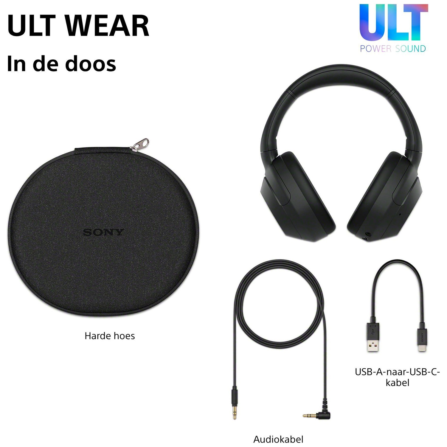 Sony ULT WEAR headphones with hard case, audio cable, and USB cable.