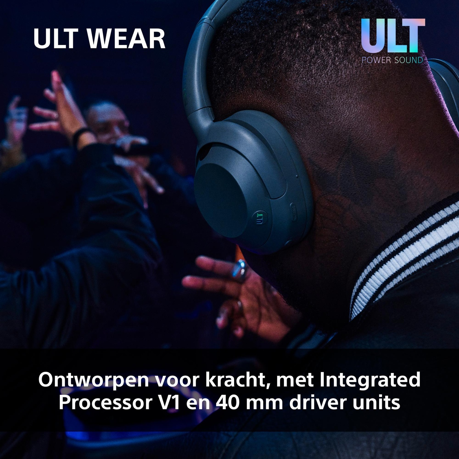 A person wearing dark blue over-ear headphones at a concert with text overlay.