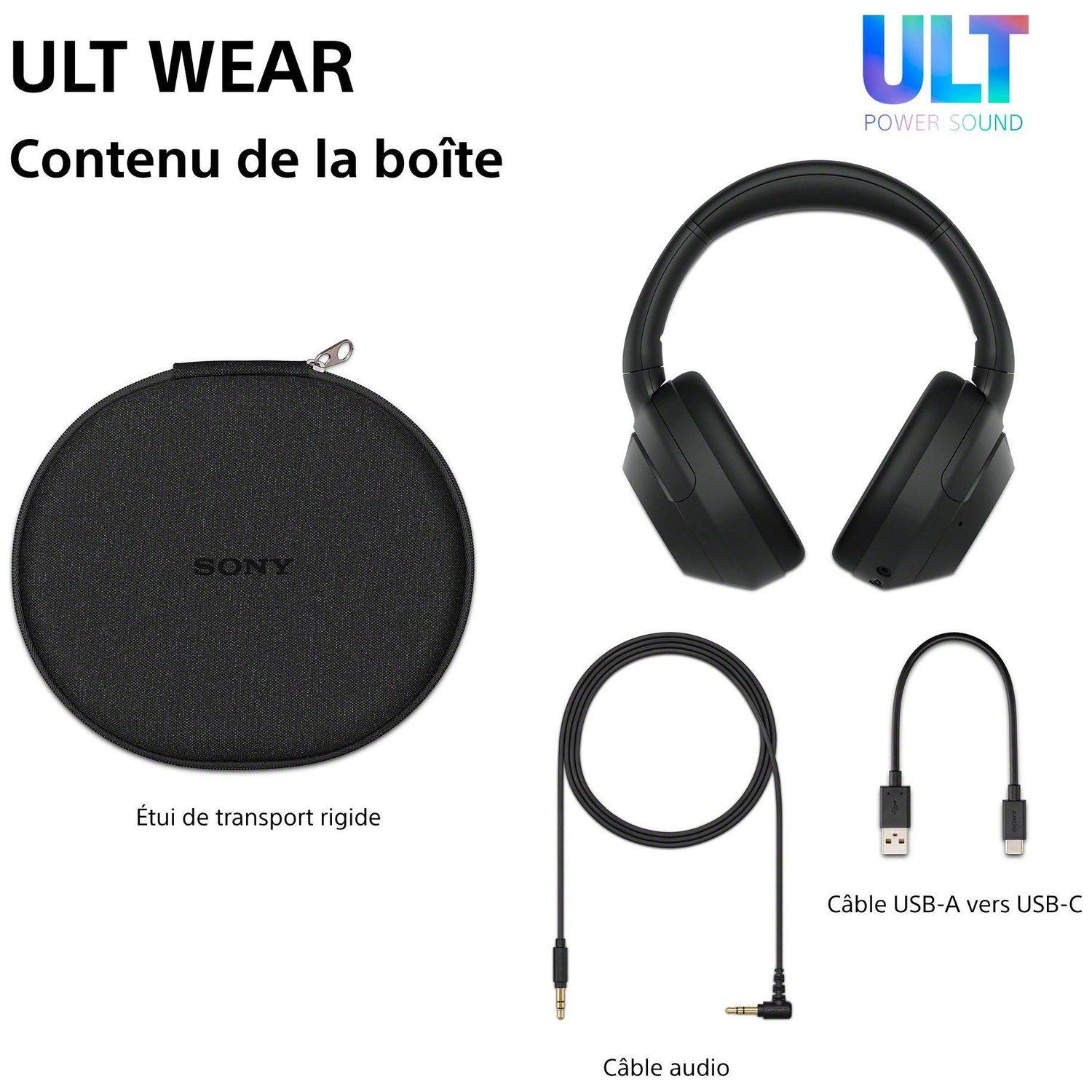 Casque Sony ULT Wear, étui, câble audio et câble USB.