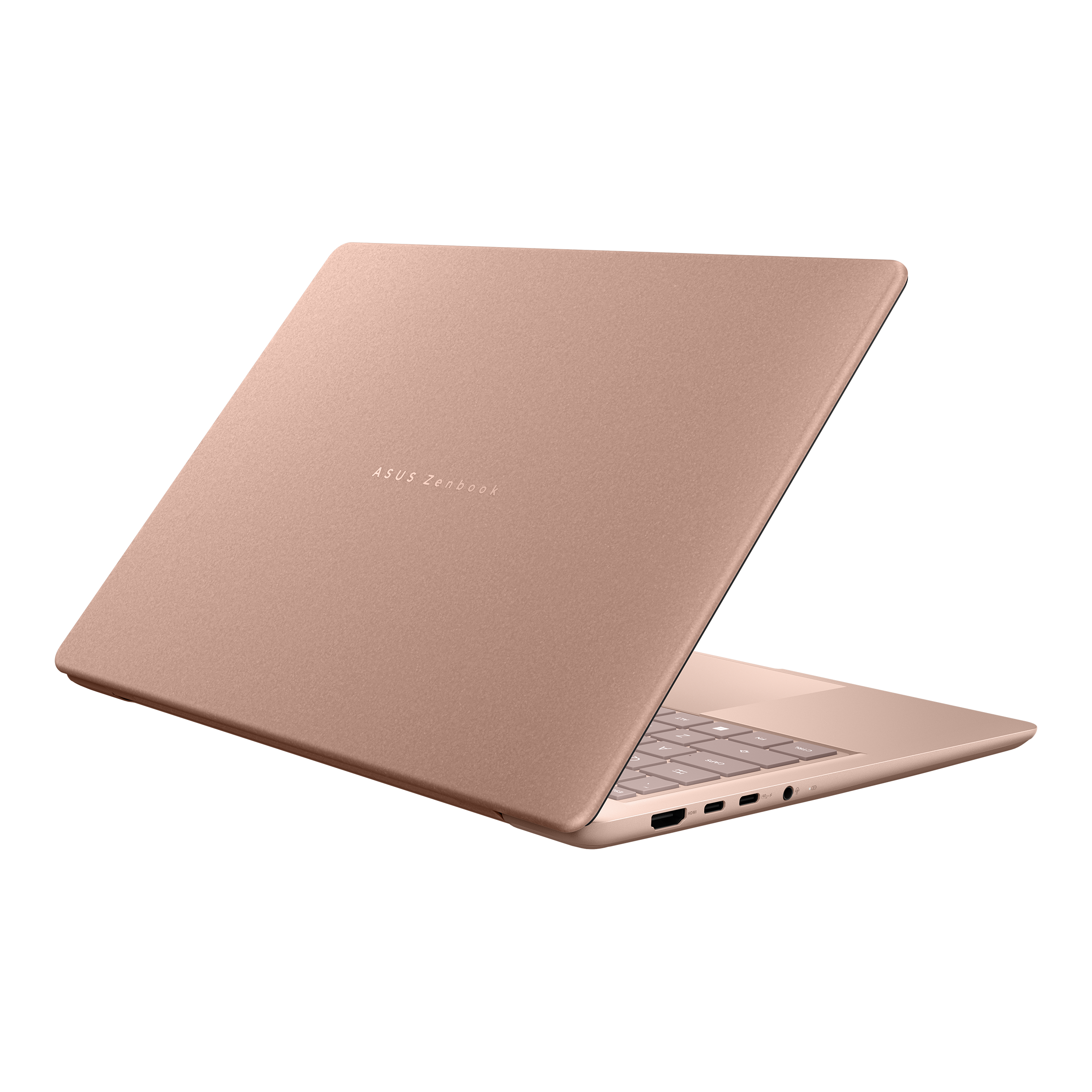 Ros égoldenes Asus Zenbook Laptop auf schwarzem Hintergrund mit sichtbarer Tastatur und Anschlüssen.